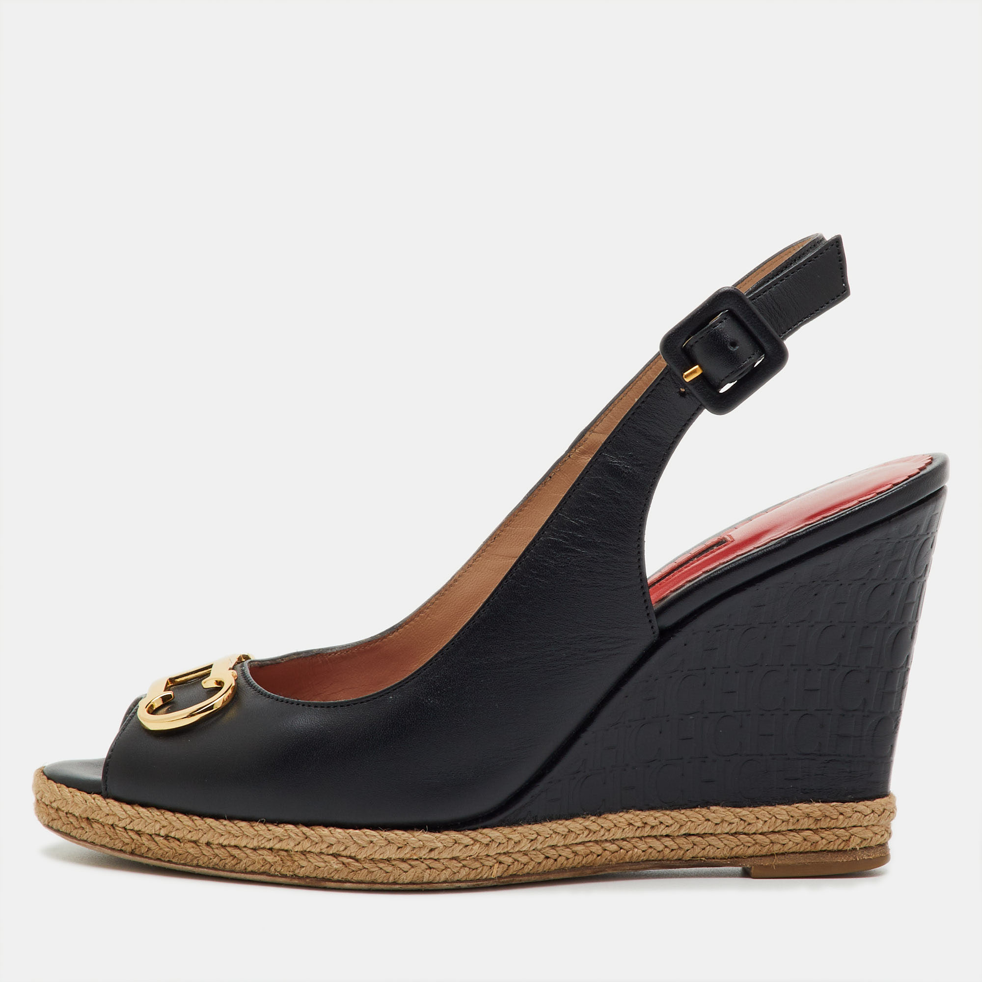 

CH Carolina Herrera Black Leather Initials Insignia Slingback Wedge Sandals Size