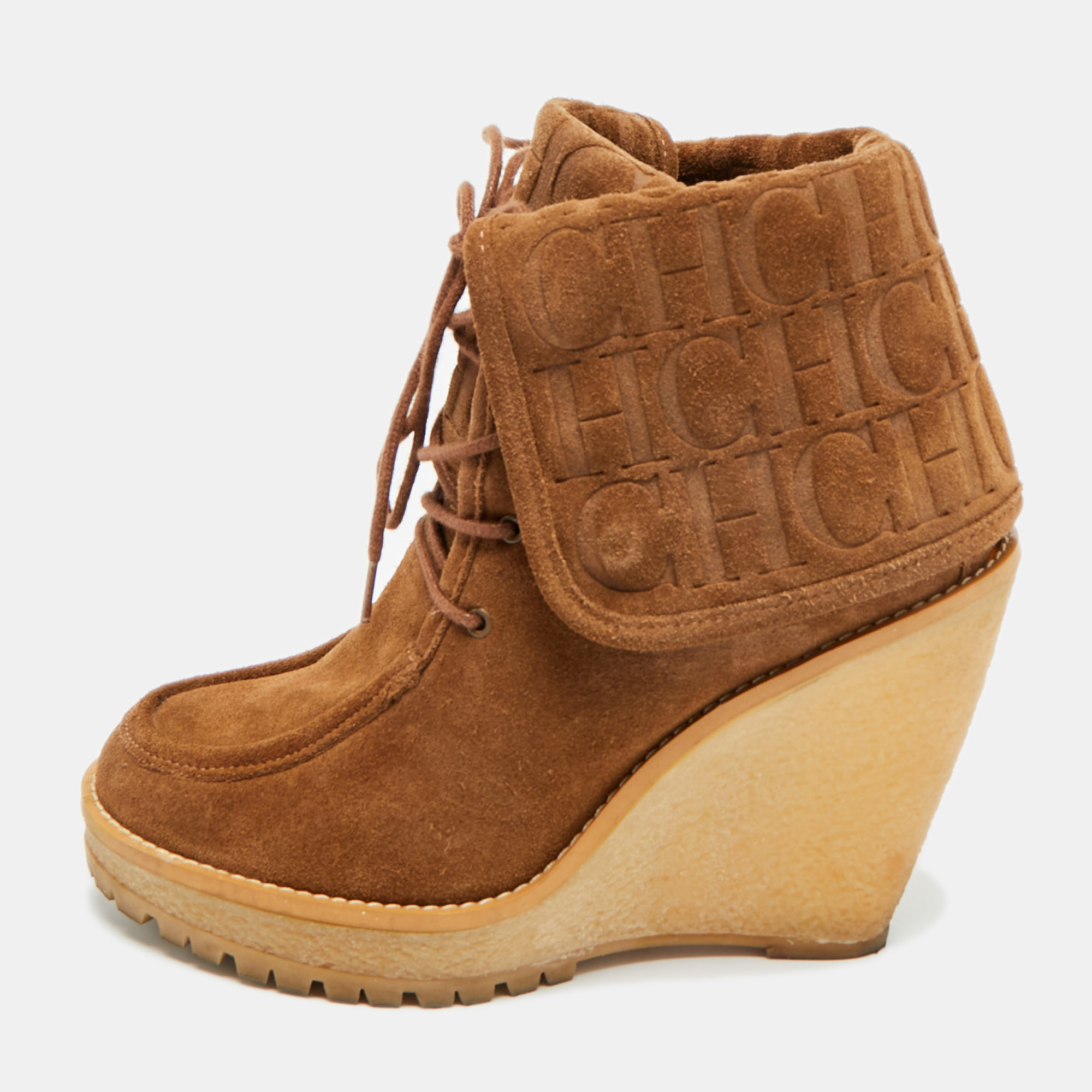 Pre-owned Ch Carolina Herrera Size 37 Brown Suede Wedge Ankle Length Boots