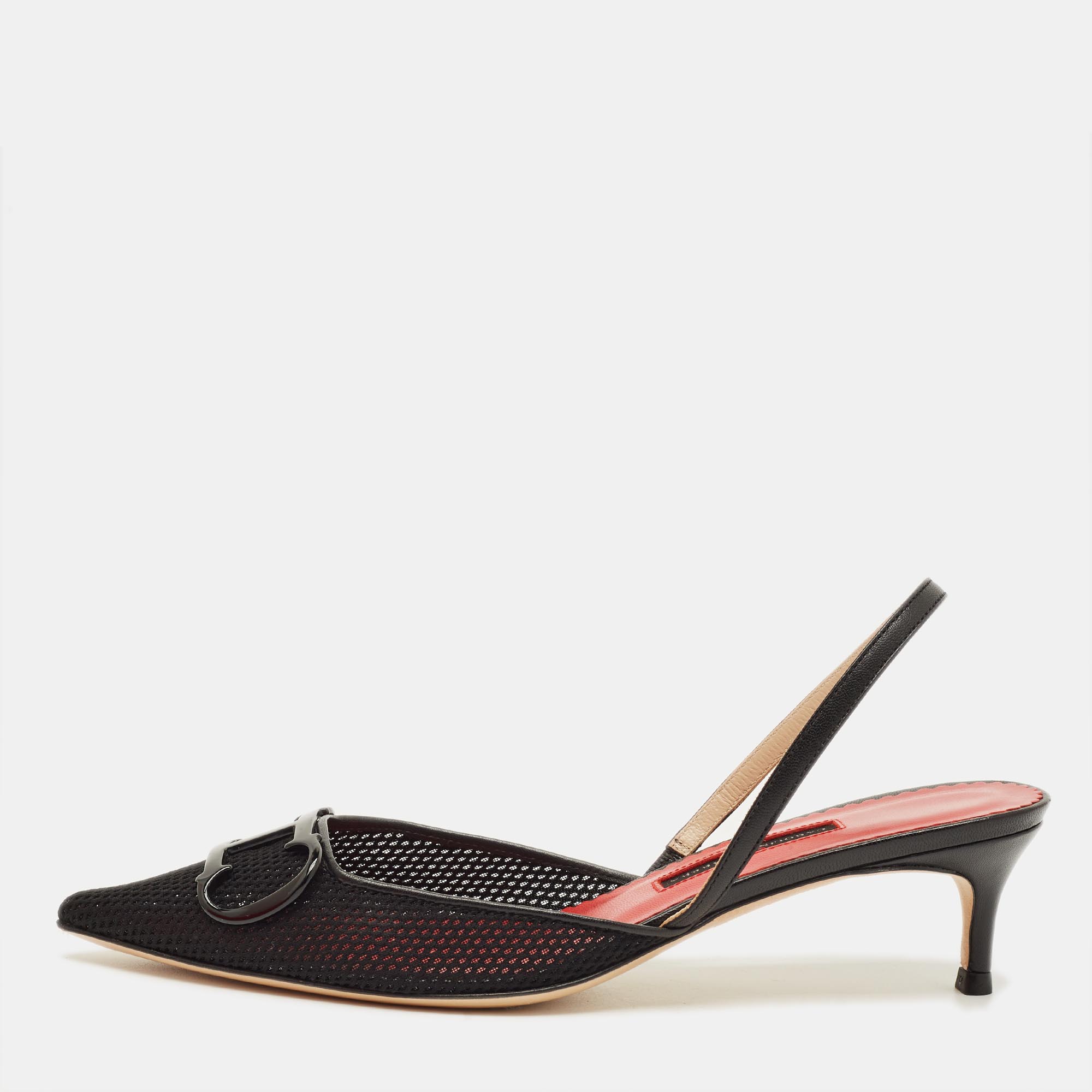 

CH Carolina Herrera Initials Insignia Size  Black Mesh and Leather Slingback Pumps