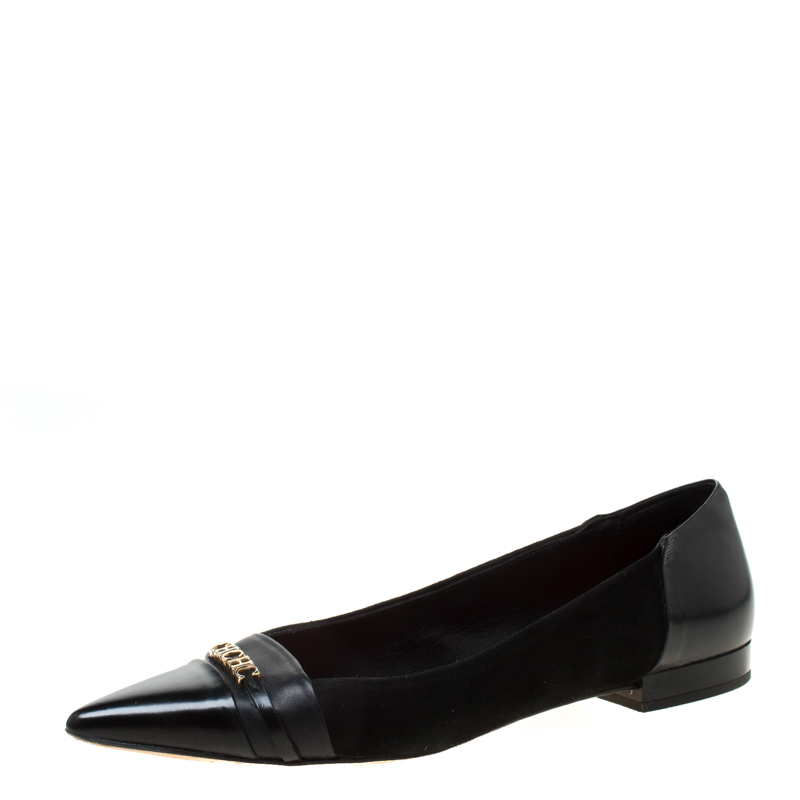 Carolina Herrera Black Leather Pointed Ballet Flats Size 37 CH Carolina ...