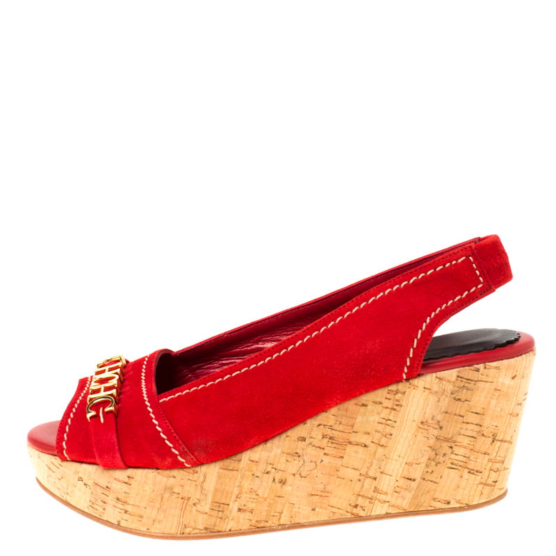 

Carolina Herrera Red Suede Peep Toe Slingback Sandals Size