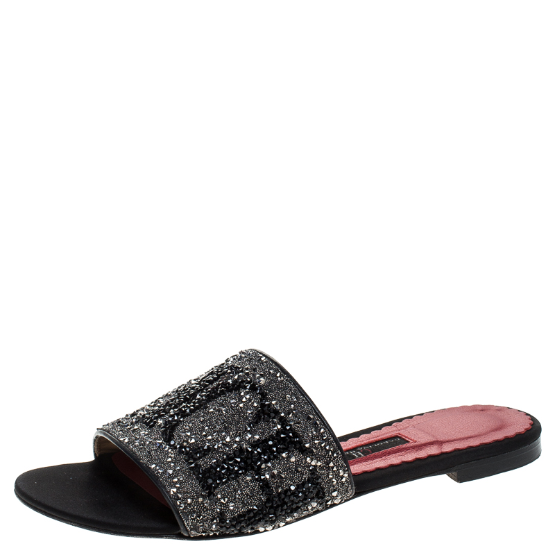 Carolina Herrera Grey/Black Crystal Embellished Mar de Slides Size 35