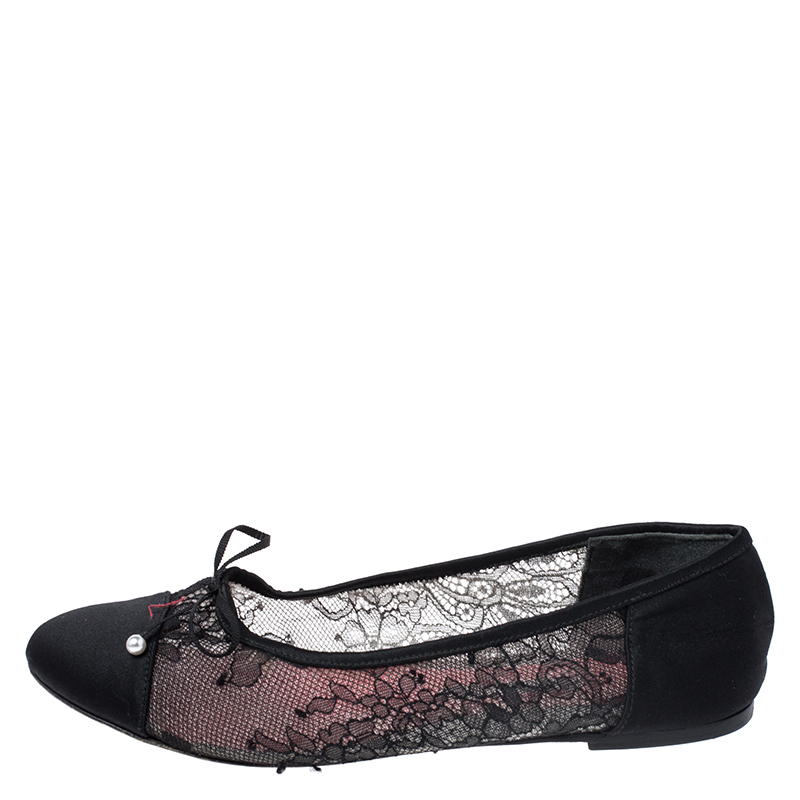 

Carolina Herrera Black Lace And Satin Bow Ballet Flats Size