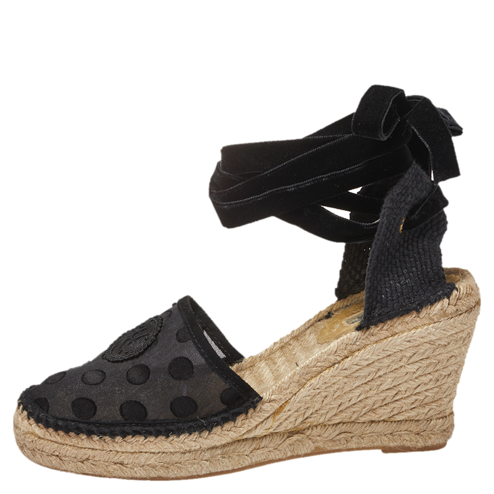 

Carolina Herrera Black Mesh and Fabric Ankle Wrap Espadrille Sandals Size
