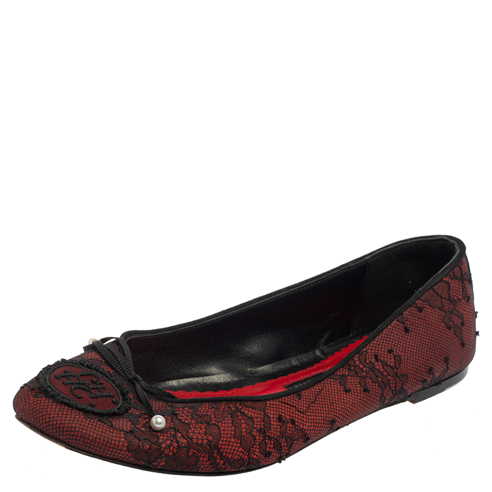 Pre-owned Ch Carolina Herrera Black/burgundy Lace Bow Ballet Flats Size 37