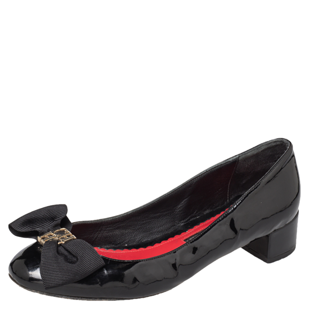 

CH Carolina Herrera Black Patent Leather Bow Block Heel Pumps Size