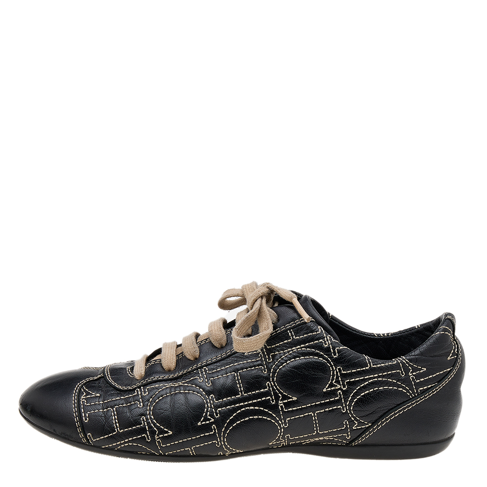

CH Carolina Herrera Black Leather Logo Detail Low Top Sneakers Size