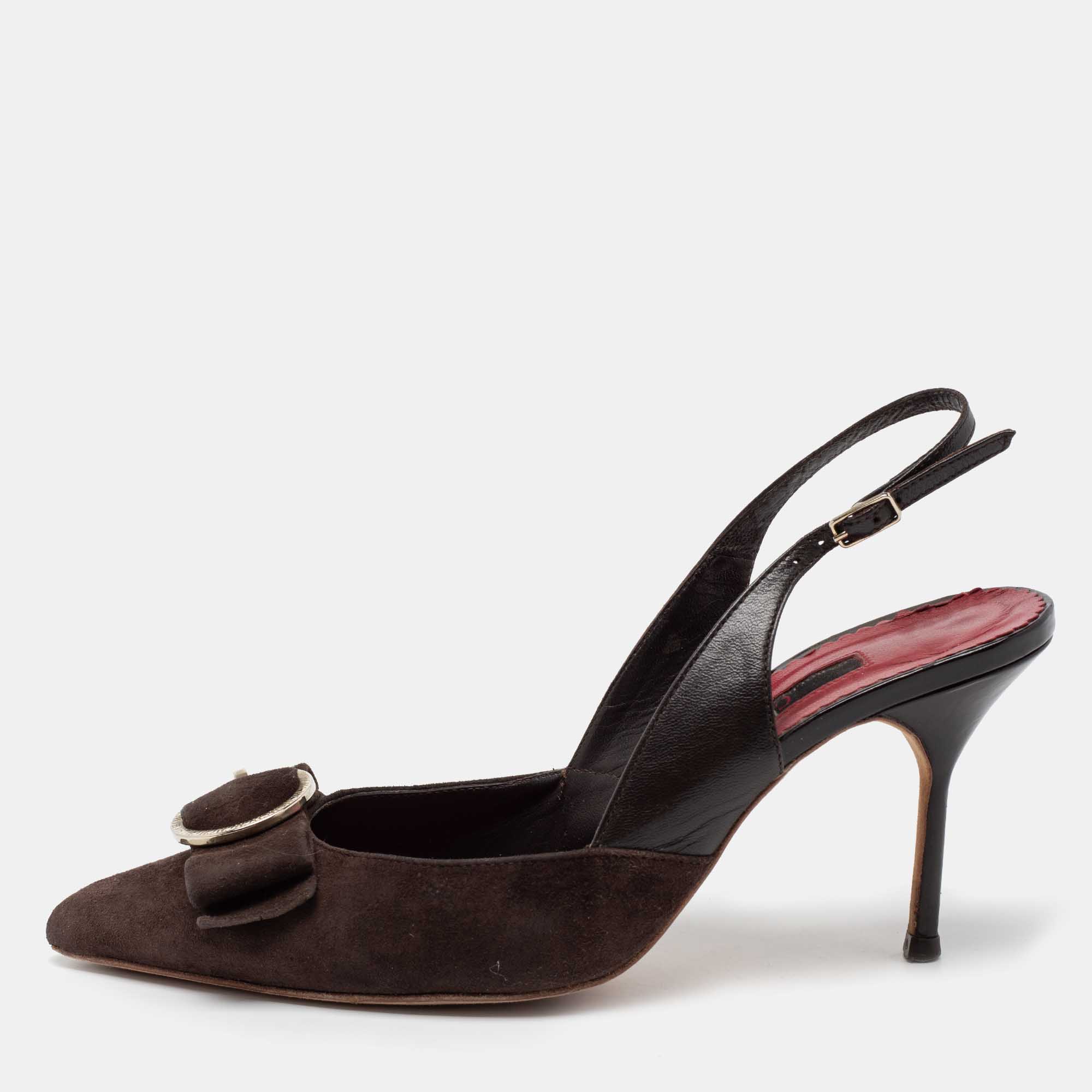 

CH Carolina Herrera Brown Suede And Leather Bow Slingback Sandals Size