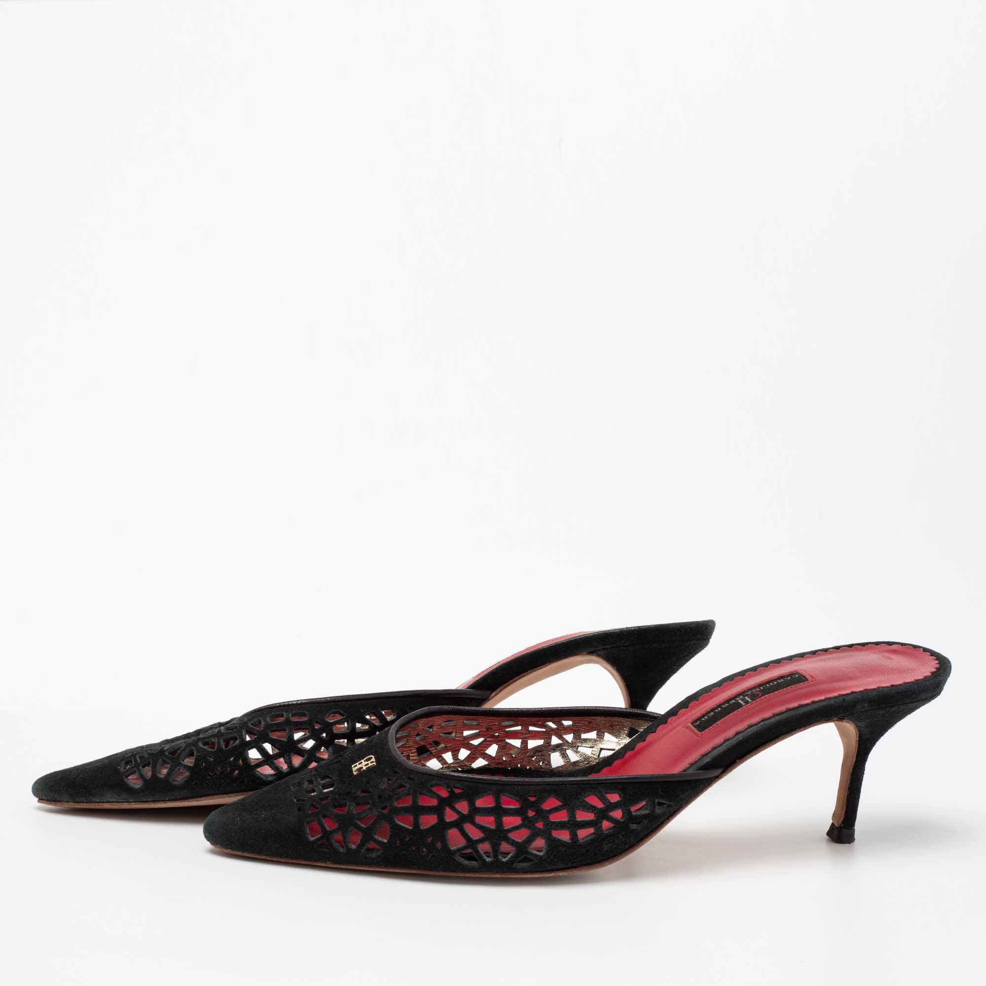 

CH Carolina Herrera Black Suede Laser Cut Mules Size