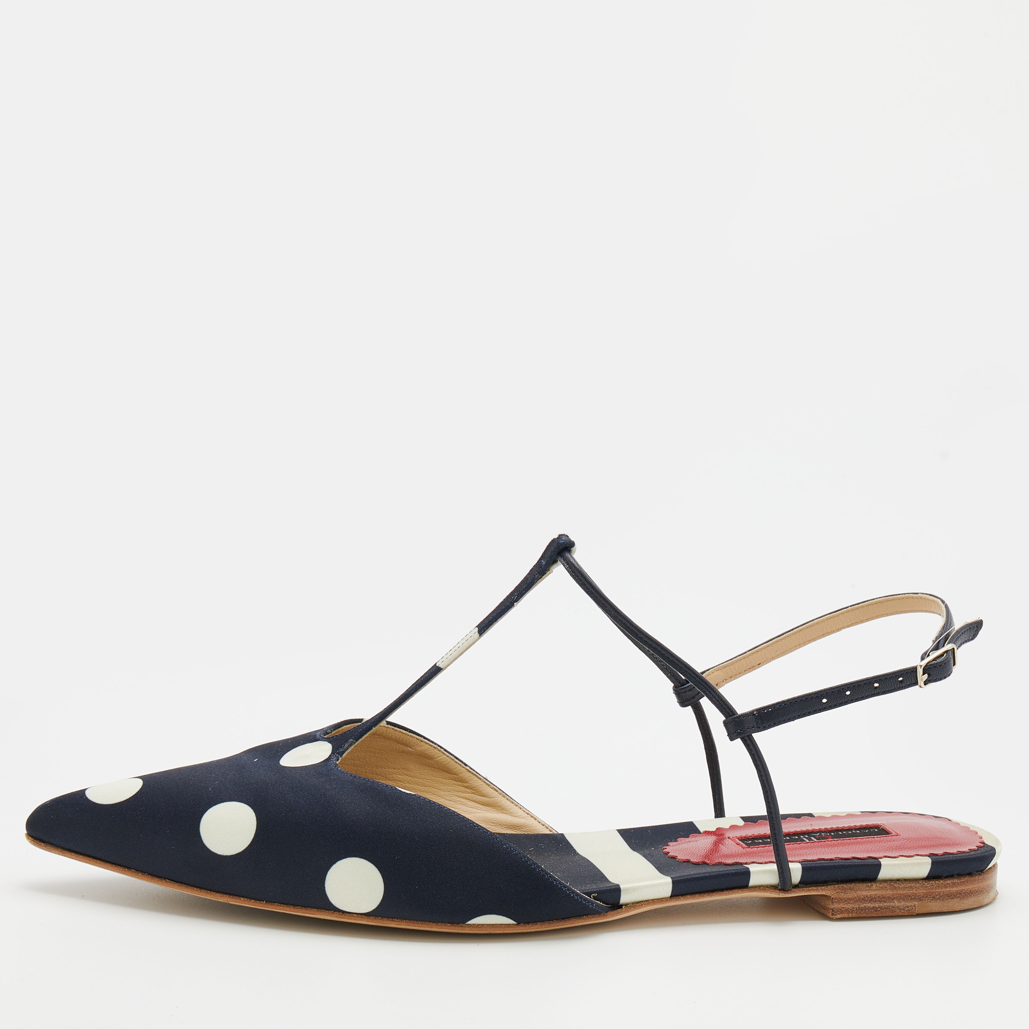 Pre Owned CH Carolina Herrera Navy Blue/White Polka Dot Satin T Strap Sandals Size 40