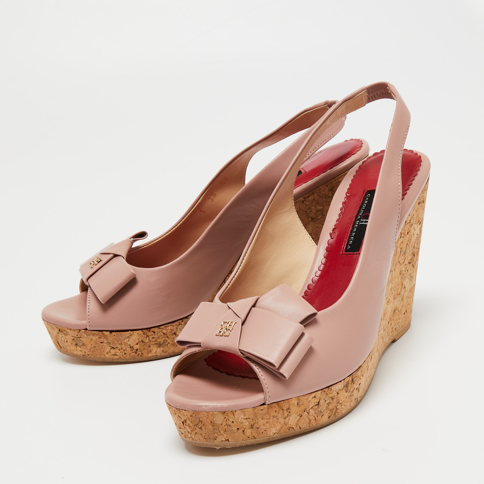 

CH Carolina Herrera Dusty Pink Leather Bow Cork Wedge Slingback Sandals Size