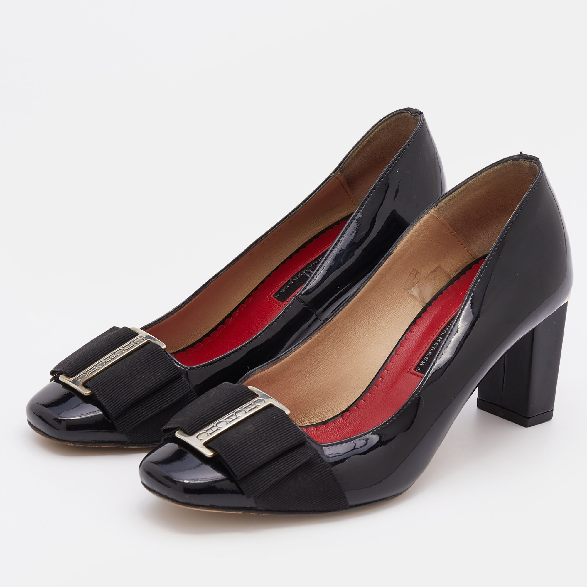 

CH Carolina Herrera Black Patent Leather Bow Block Heel Pumps Size