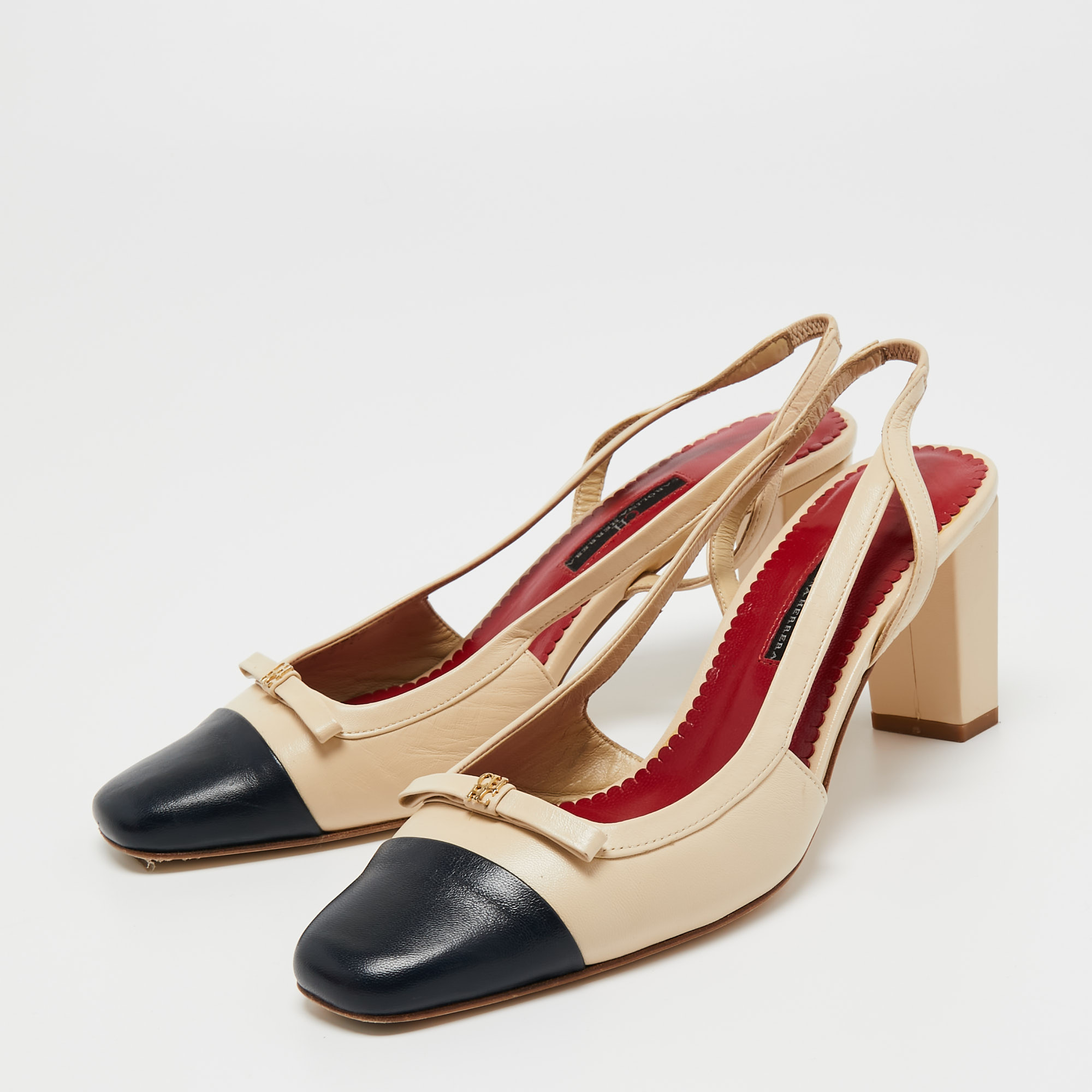 

CH Carolina Herrera Cream/Black Leather Slingback Sandals Size