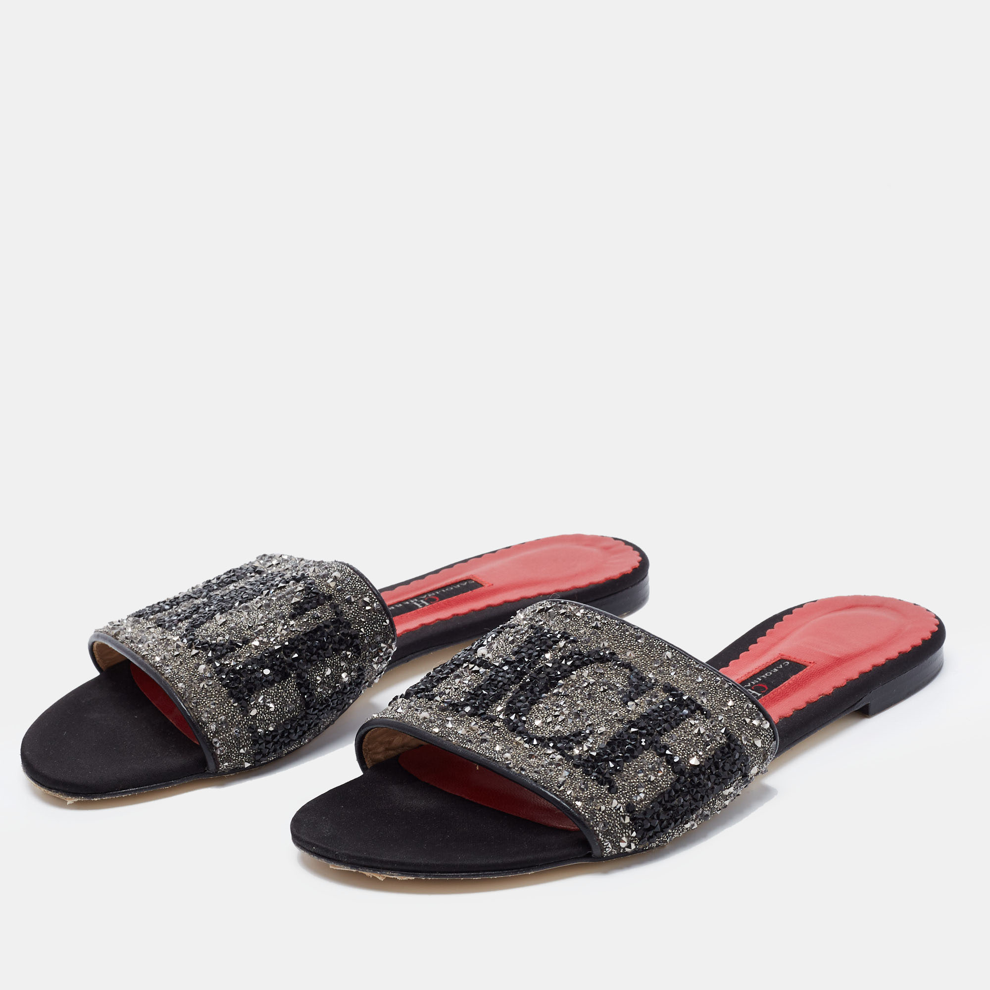 

CH Carolina Herrera Black Leather Crystal Embellished Flat Slides Size