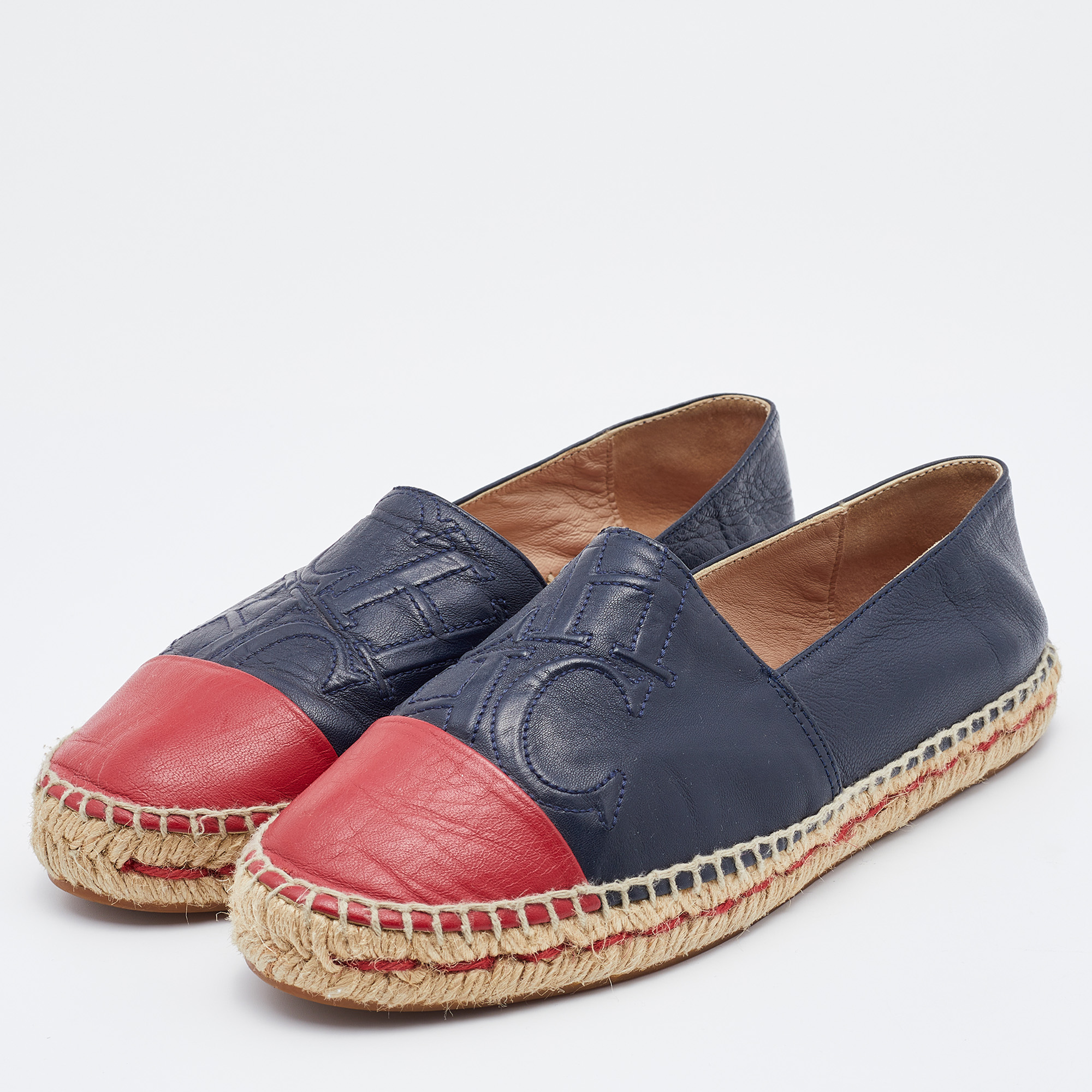 

CH Carolina Herrera Navy Blue/Red Leather Cap Toe Espadrille Flats Size