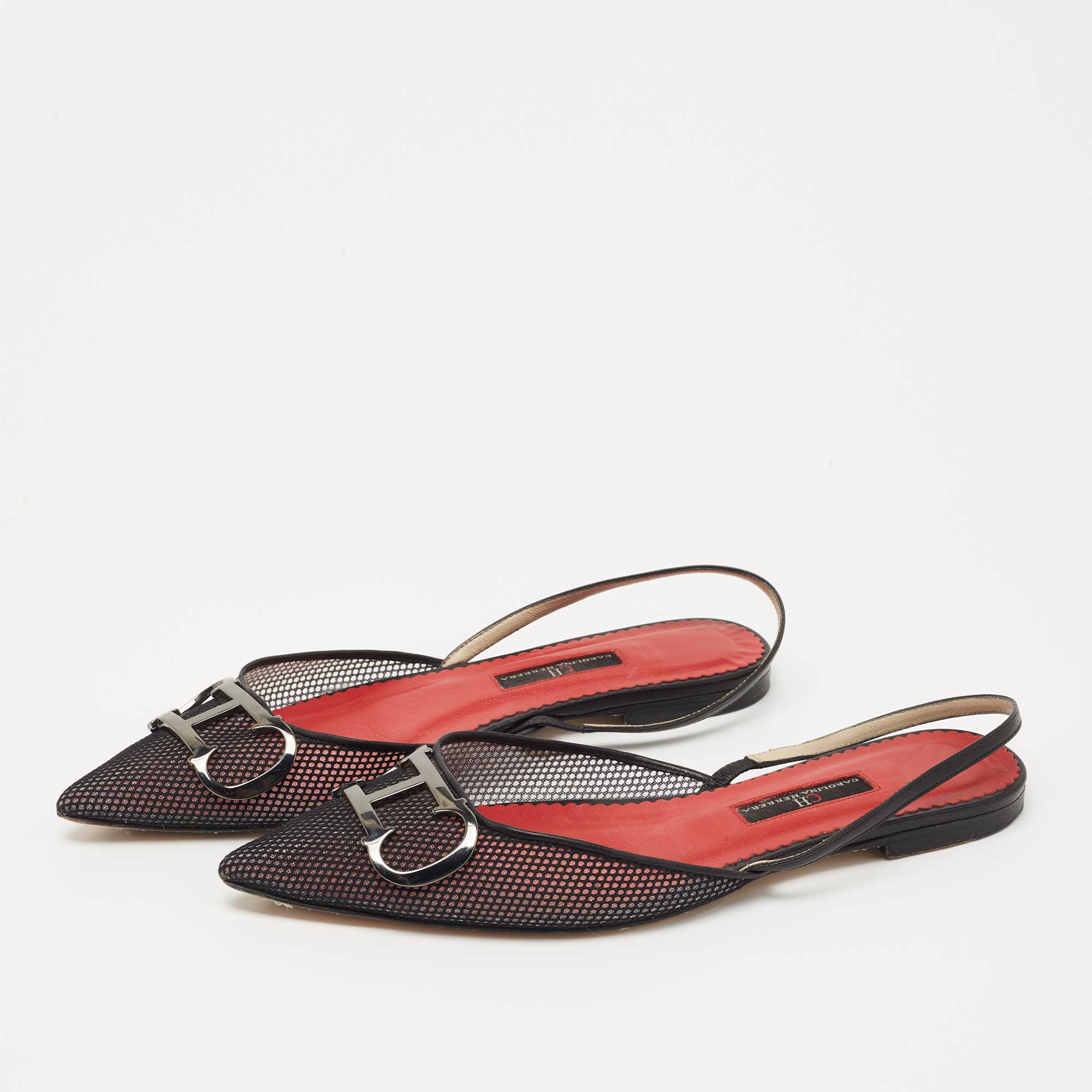 

CH Carolina Herrera Black Mesh and Leather Logo Slingback Flats Size