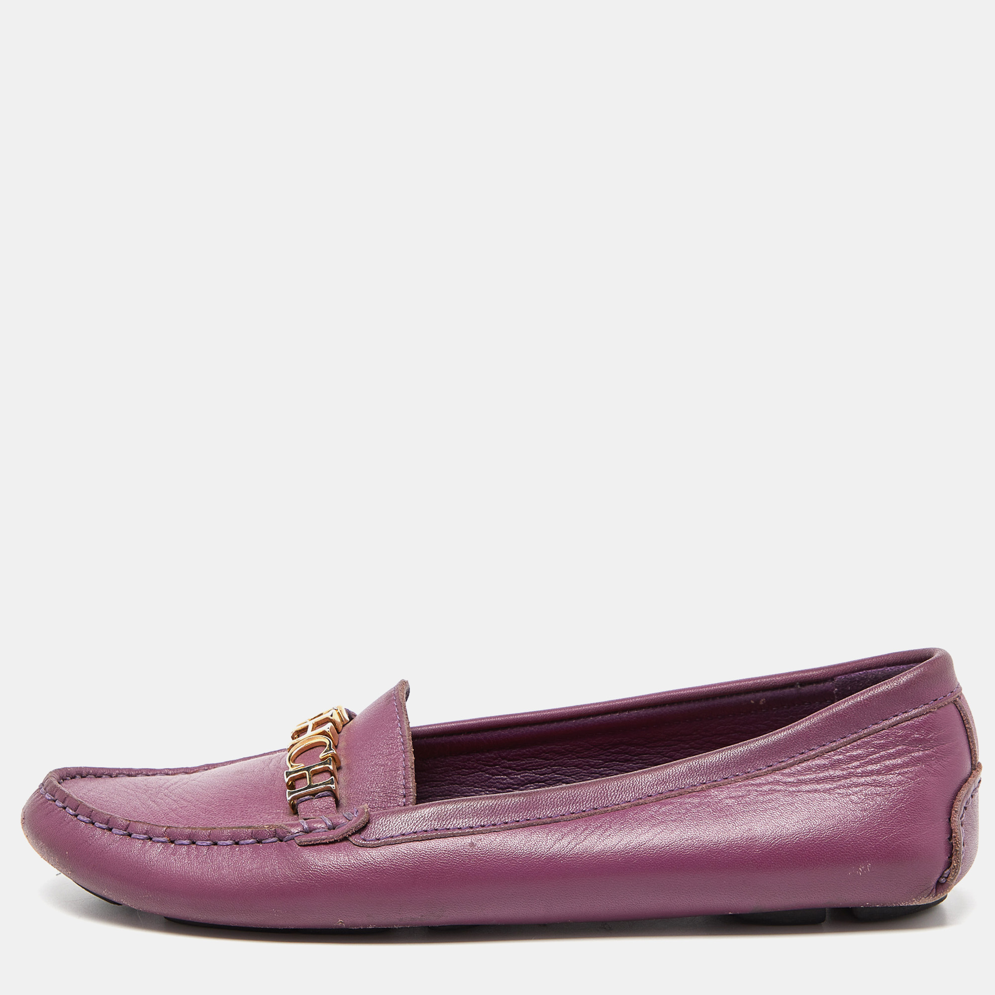 Pre-owned Ch Carolina Herrera Purple Leather Logo Detail Loafers Size 37