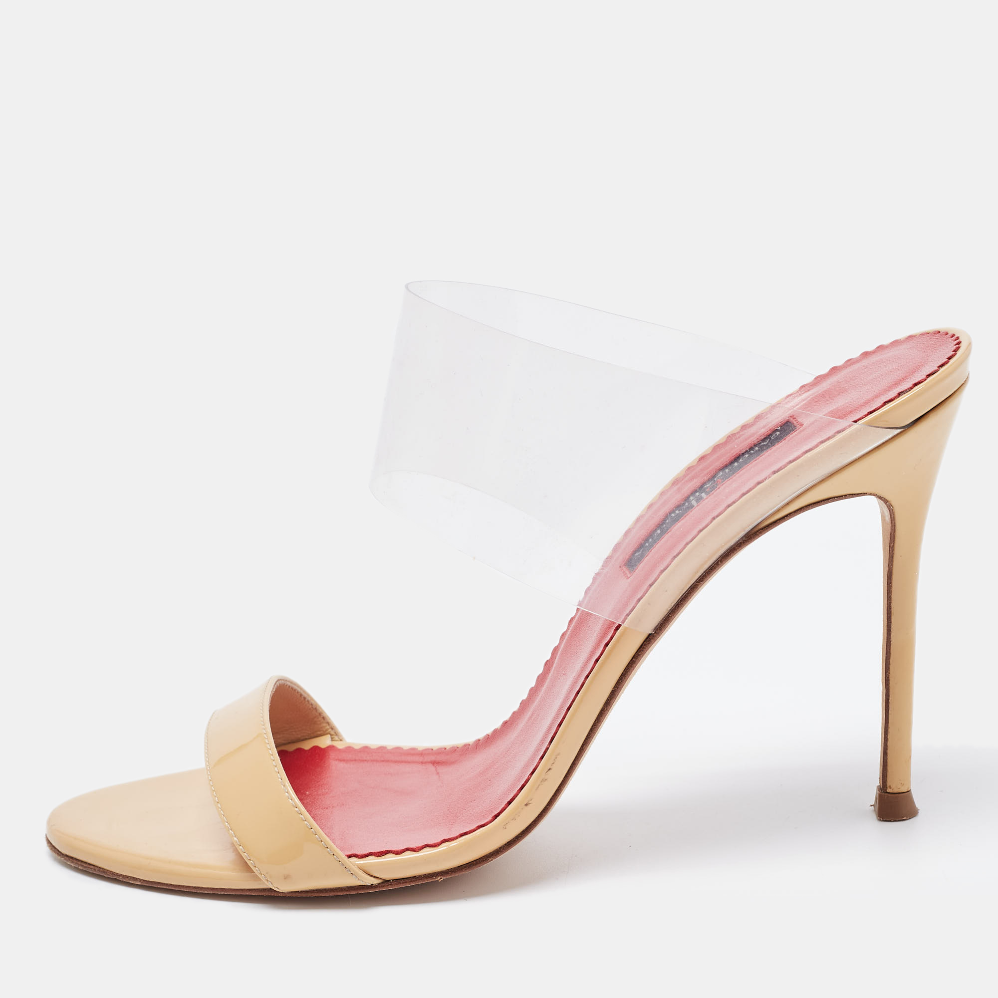 

CH Carolina Herrera Beige Patent Leather and PVC Slide Sandals Size
