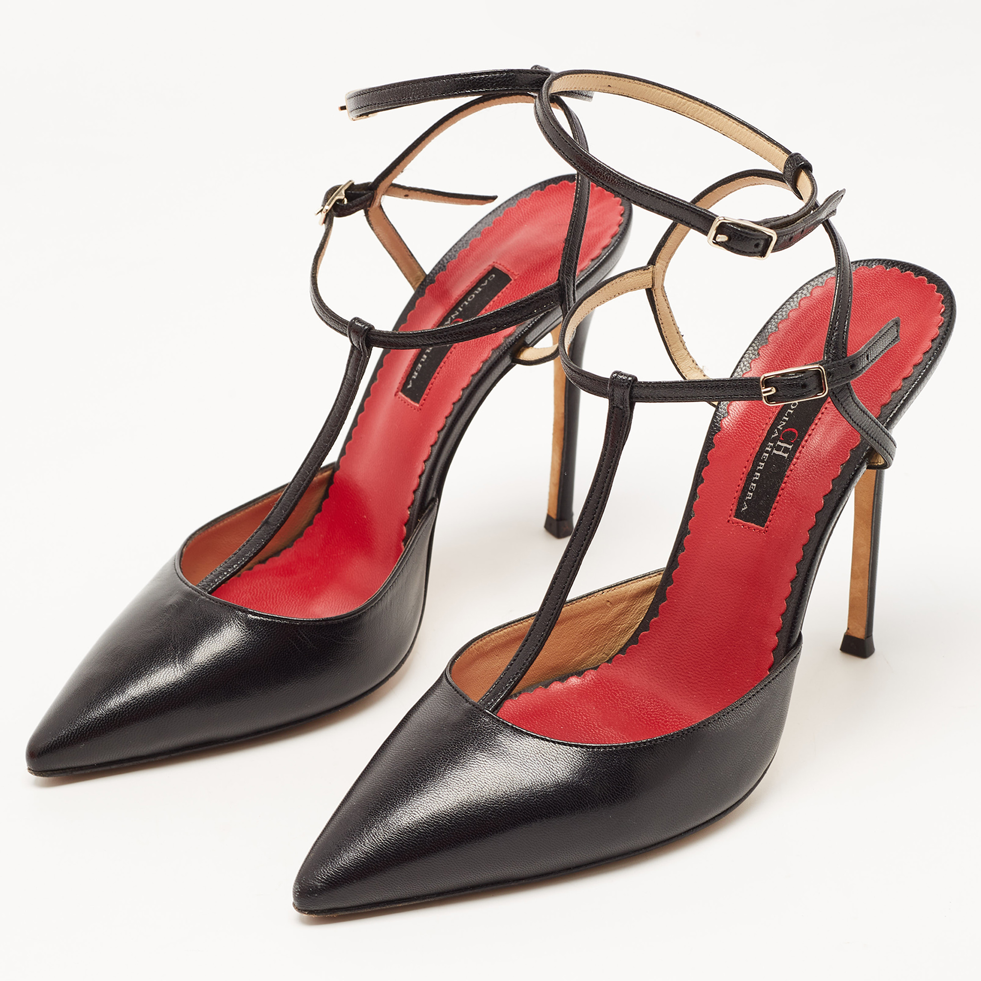 

CH Carolina Herrera Black Leather T-Bar Ankle Strap Pumps Size
