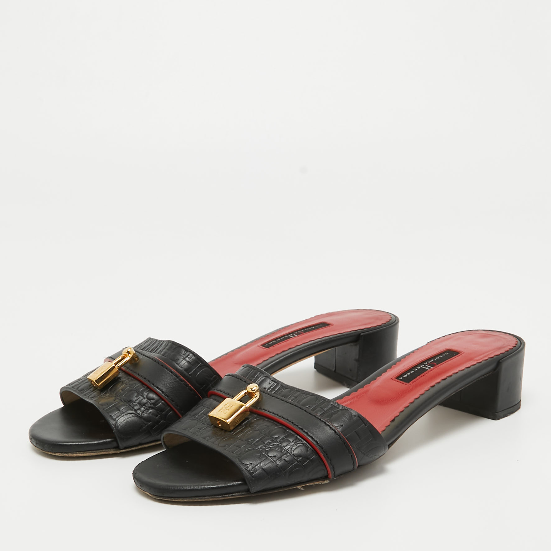 

CH Carolina Herrera Black Monogram Leather Locked Slide Sandals Size