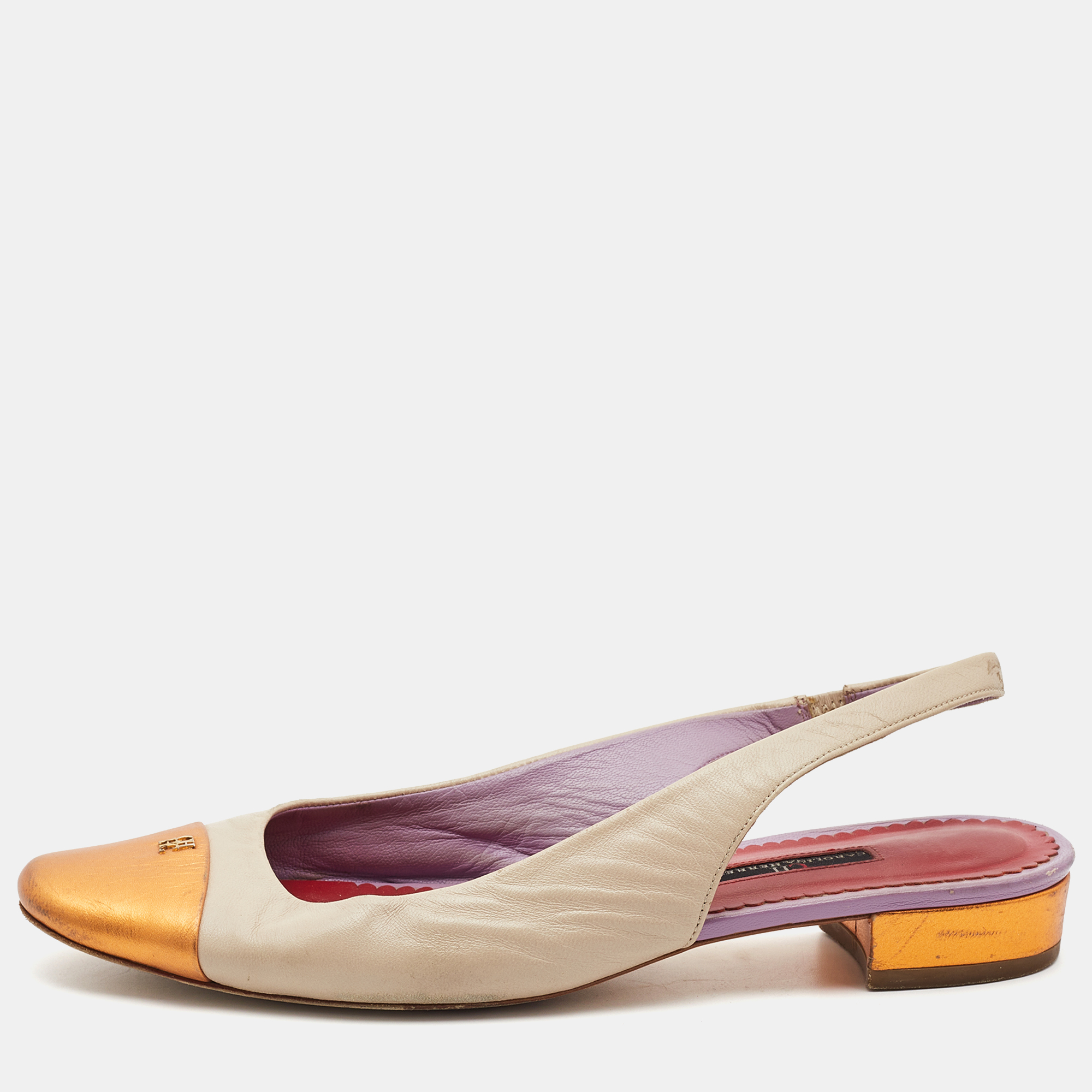 

CH Carolina Herrera Cream/Orange Leather Round Toe Slingback Pumps Size