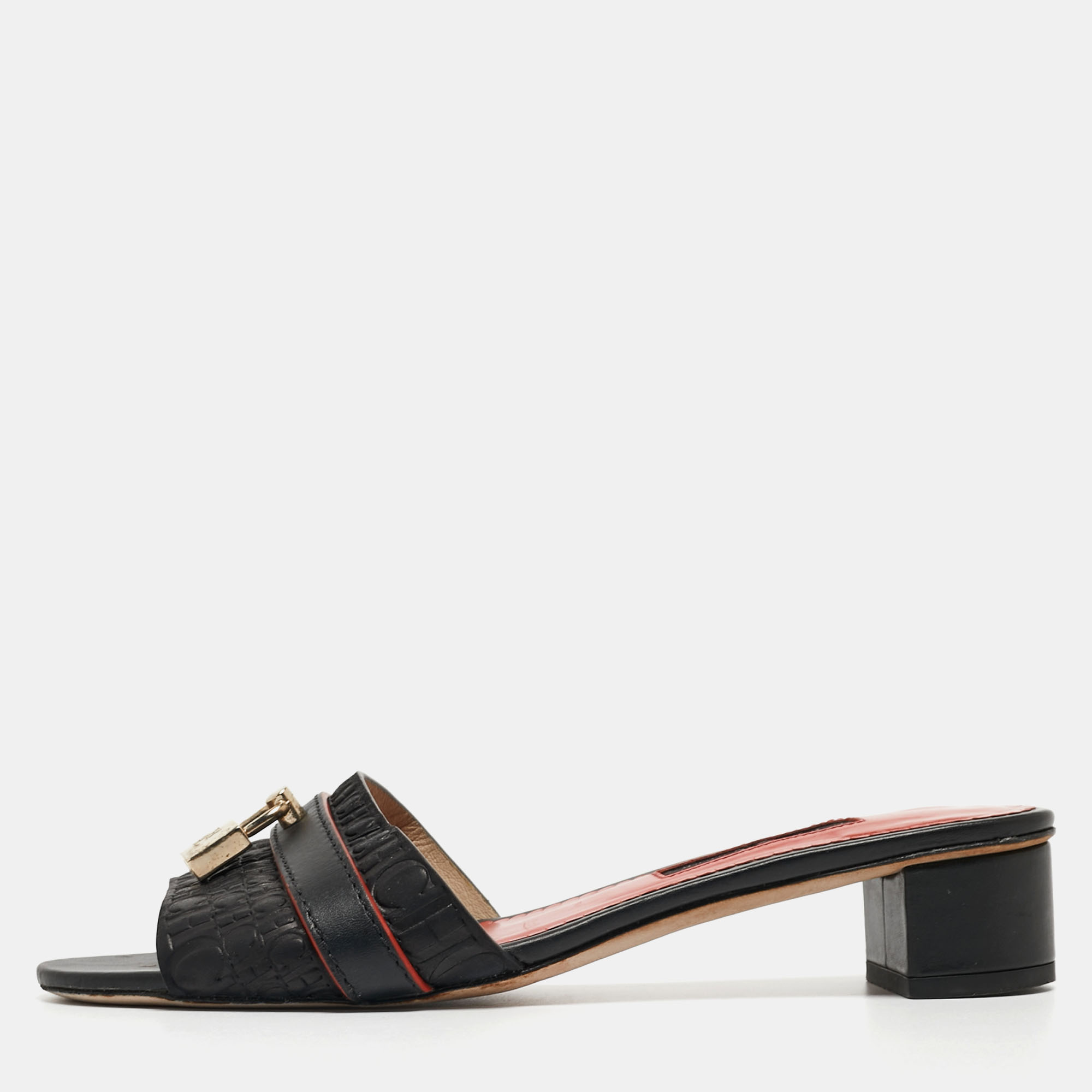 Pre-owned Ch Carolina Herrera Black Leather Slide Sandals Size 36