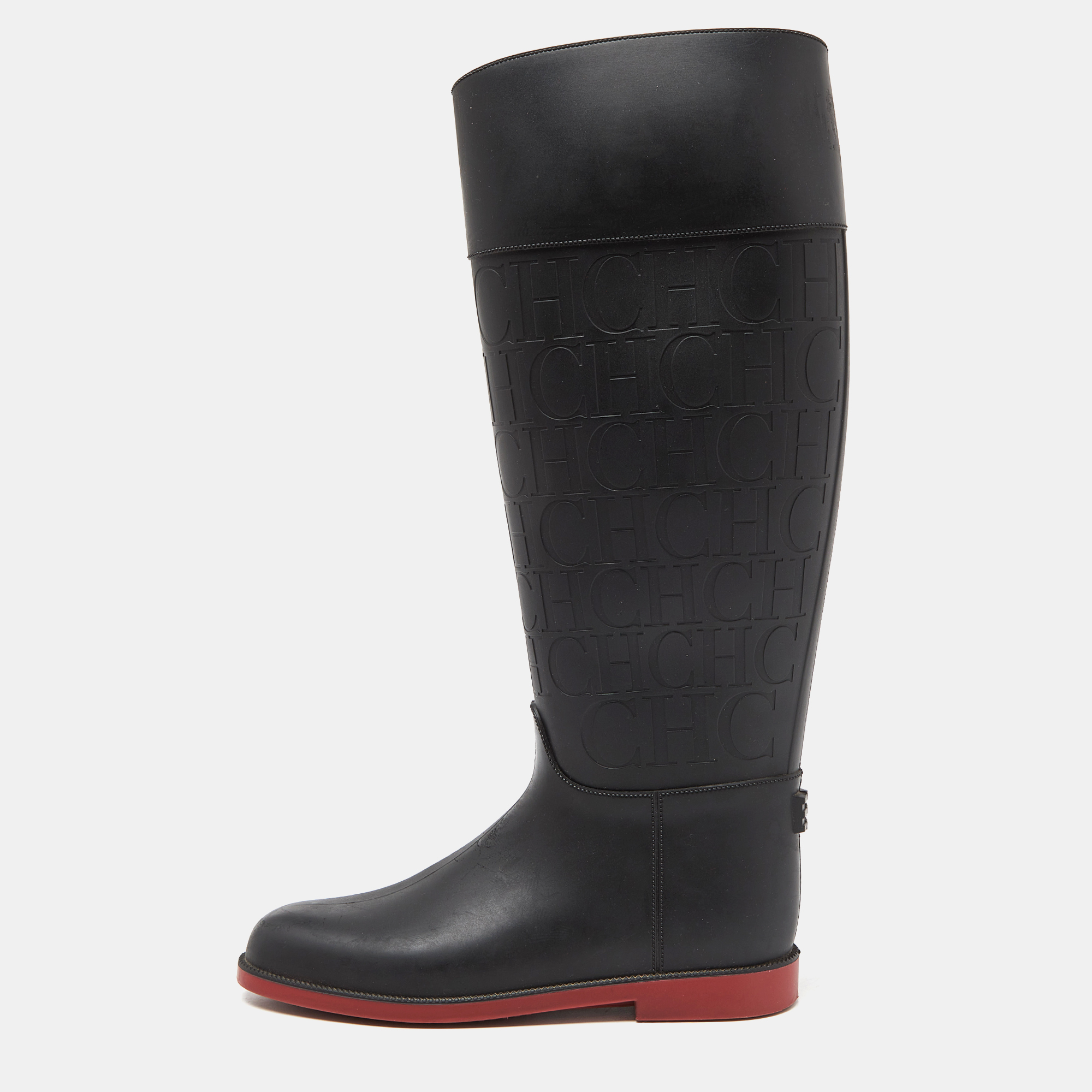 Pre-owned Ch Carolina Herrera Black Embossed Rubber Rain Boots Size 38