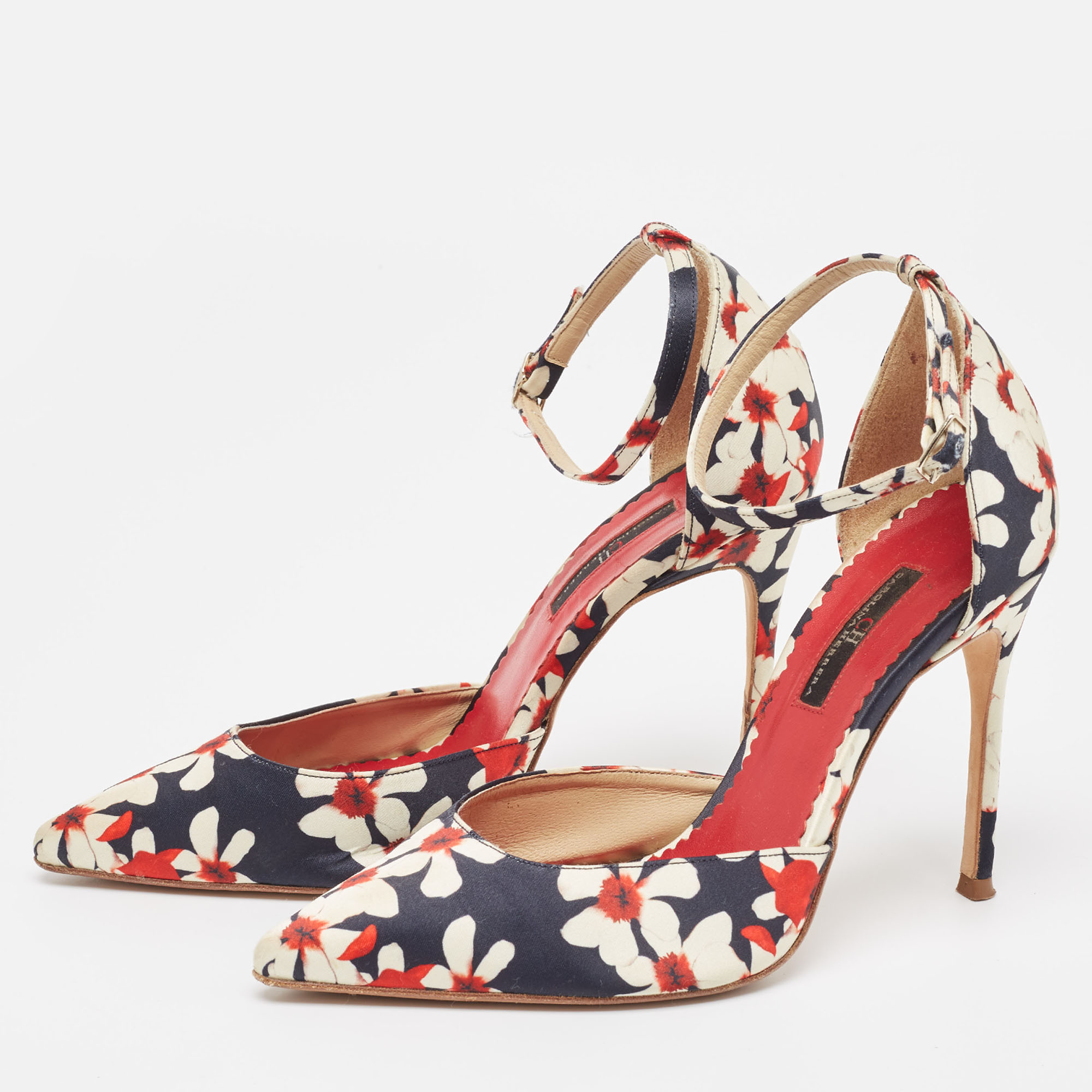 CH Carolina Herrera Tricolor Floral Print Satin Ankle Strap Pumps Size 37 