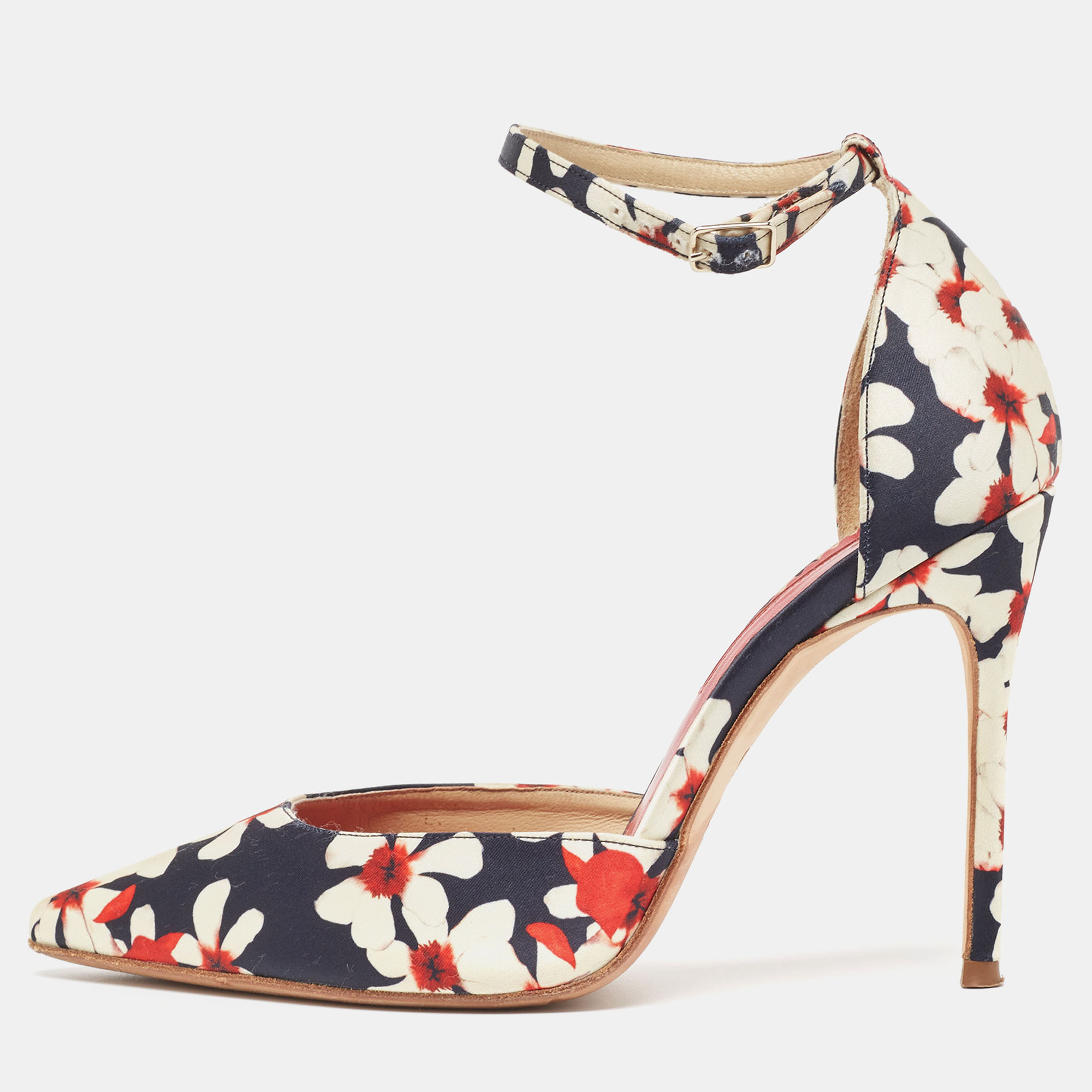 Pre-owned Ch Carolina Herrera Tricolor Floral Print Satin Ankle Strap Pumps Size 37 In Navy Blue