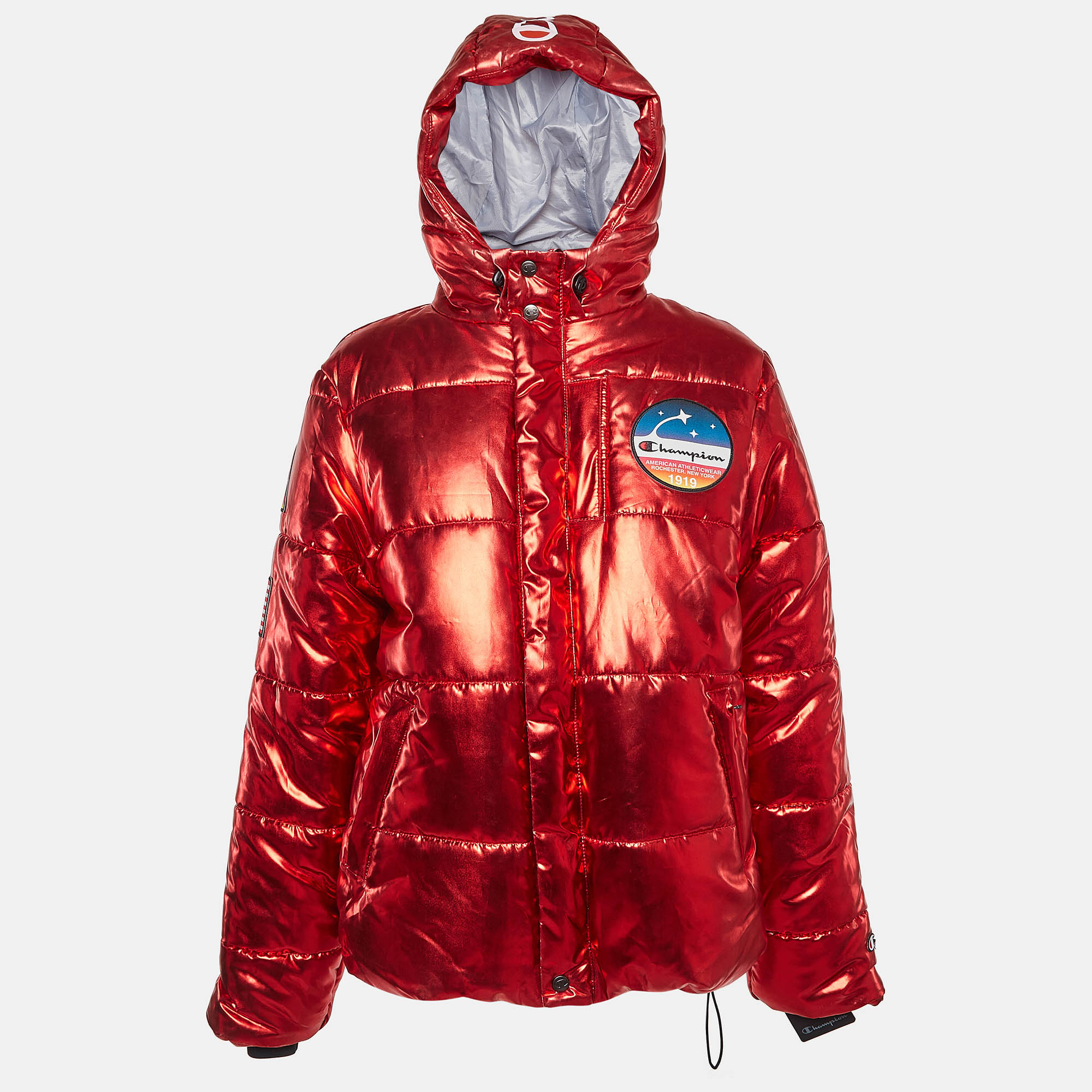 

Champion Red Lame Printed & Badge Detail Puffer Overcoat M