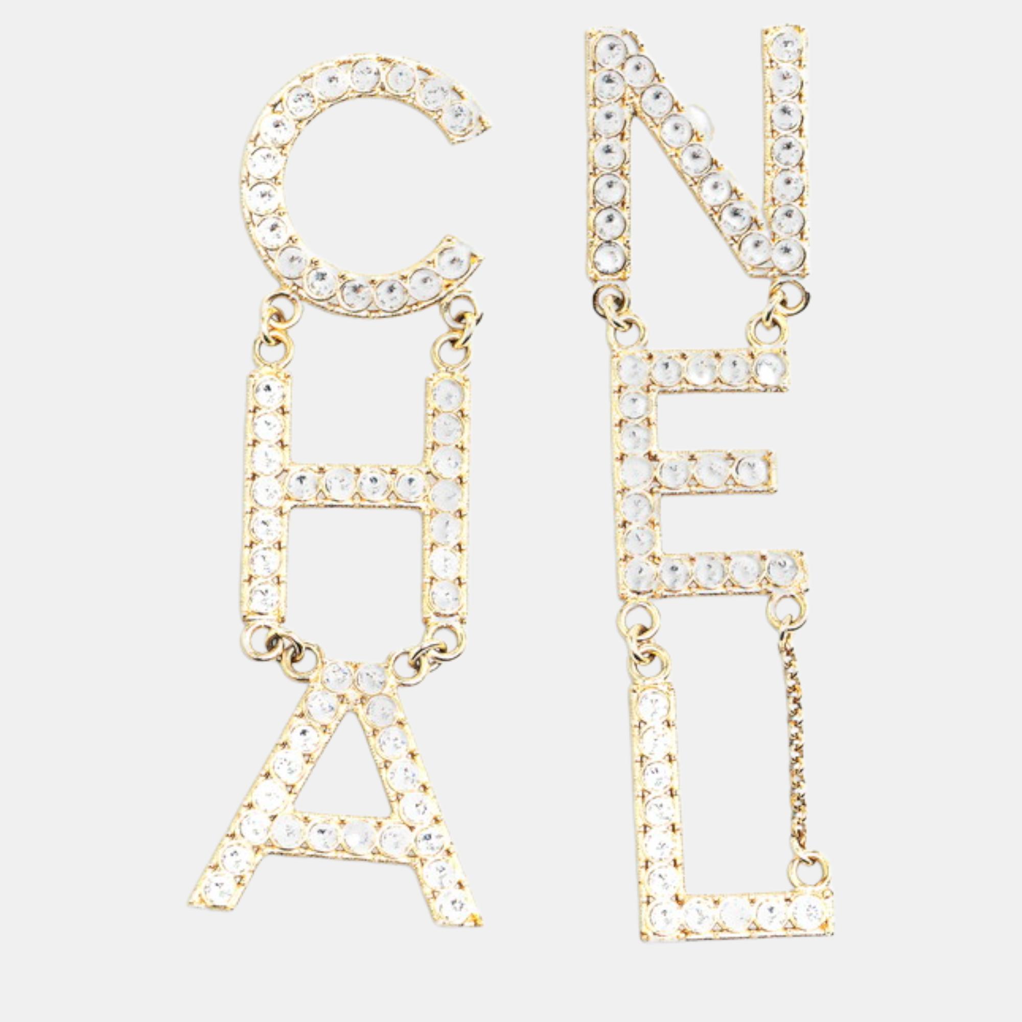 

Chanel Logo Rhinestone Earrings Gold Plated Gold Metal