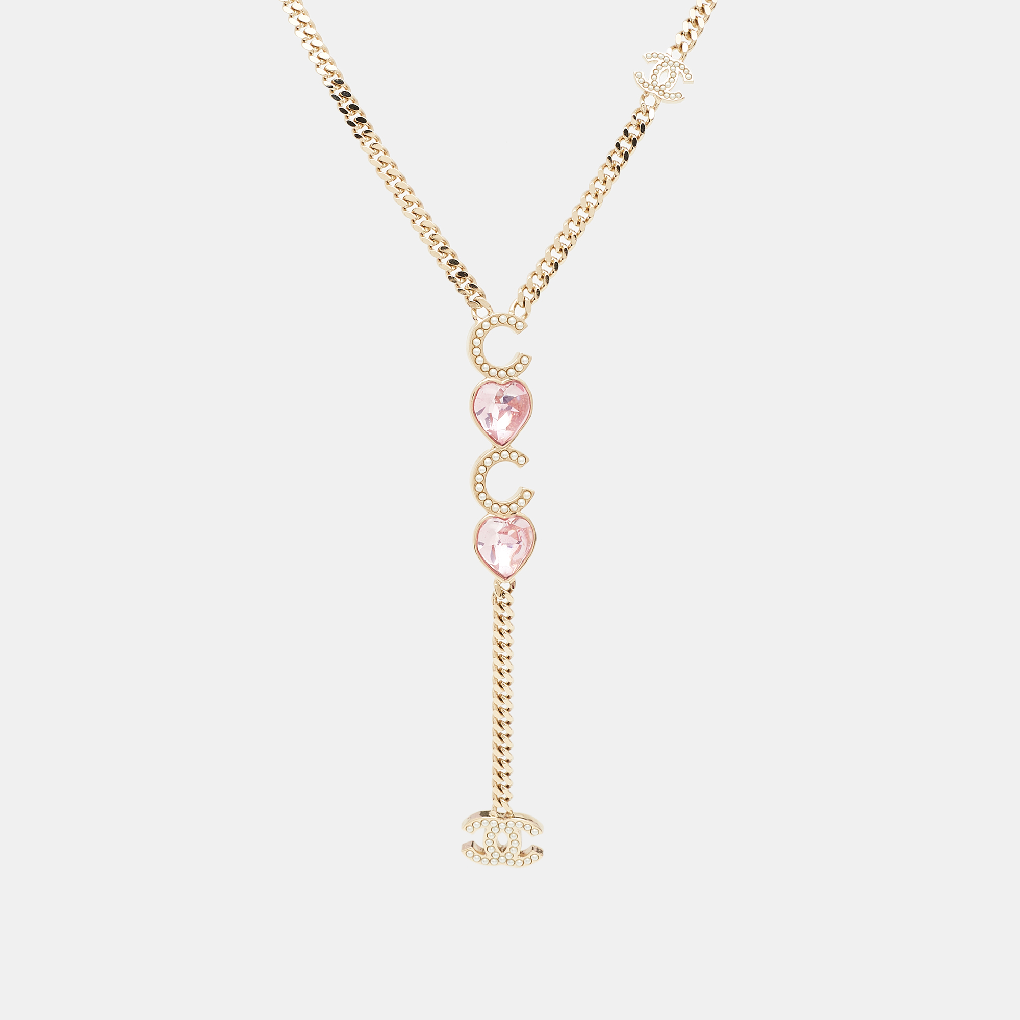 

Chanel CC Heart Coco Faux Pearl Resin Gold Tone Necklace