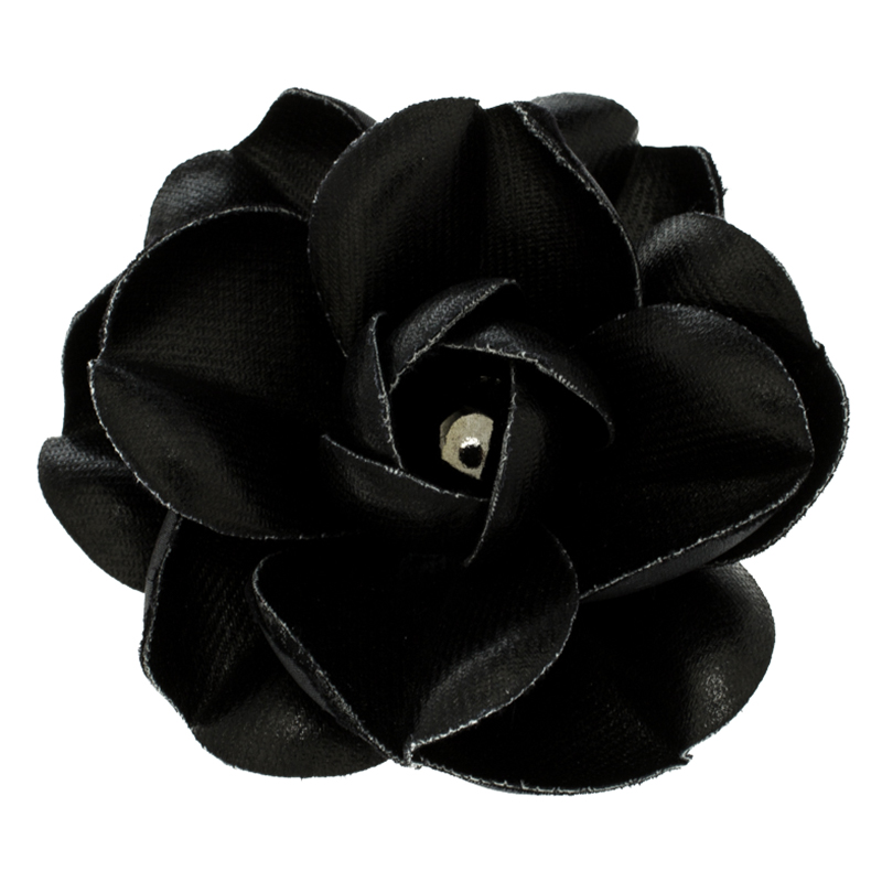 Pre Owned Chanel Black Camelia Fabric and Resin Brooch