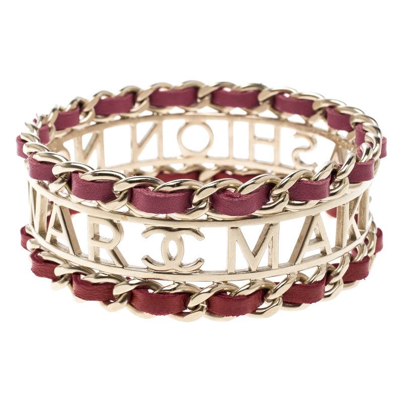 Pre Owned Chanel Make Fashion Not War Leather Gold Tone Wide Bangle Bracelet 20cm