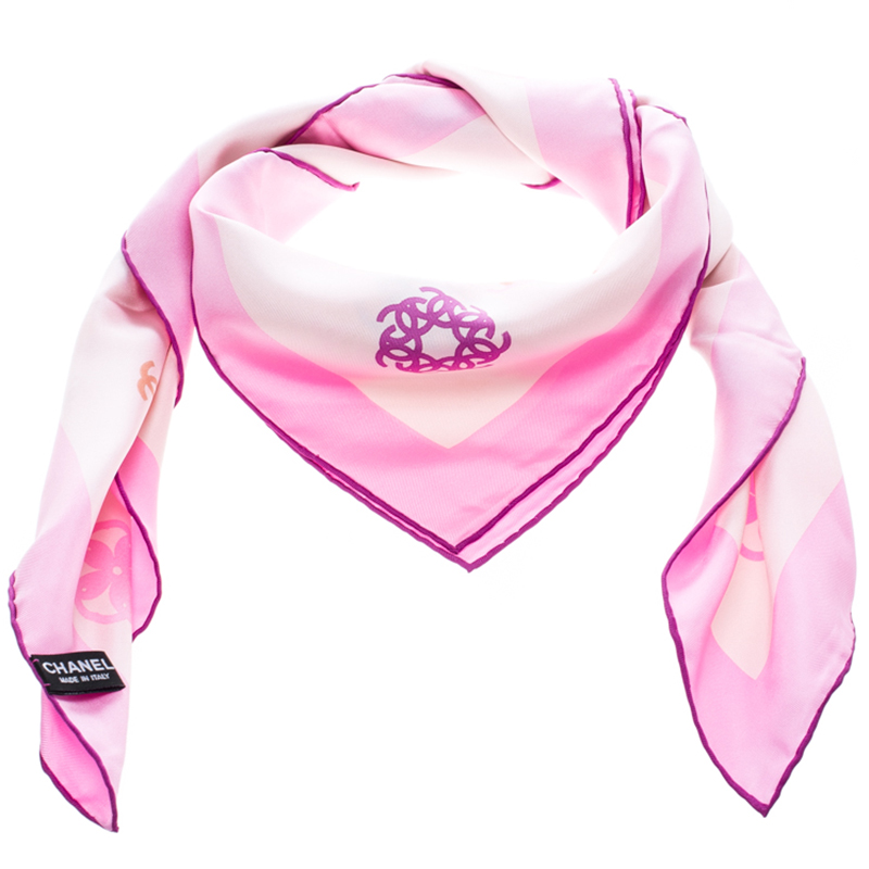 Chanel Rose Pink Floral and CC Logo Print Silk Square Scarf