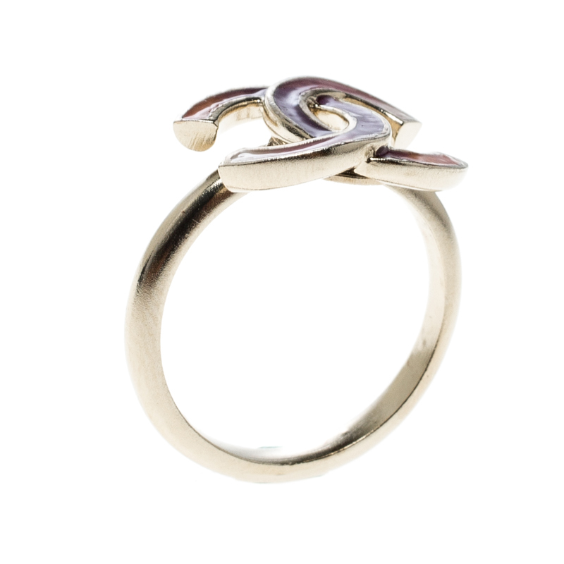 Pre Owned Chanel CC Multicolored Enamel Gold Tone Ring Size 54