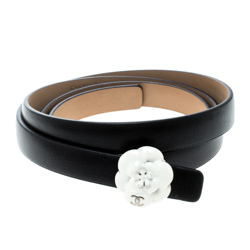 Chanel Black Leather Camellia Skinny Belt 95cm Chanel | TLC