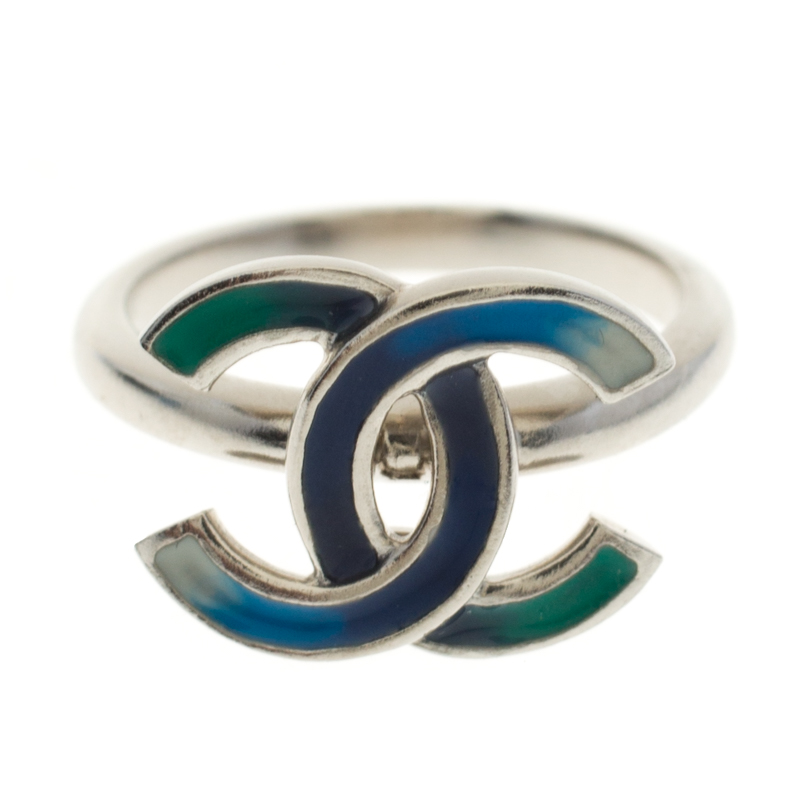 Pre Owned Chanel CC Blue Enamel Silver Tone Ring Size 53