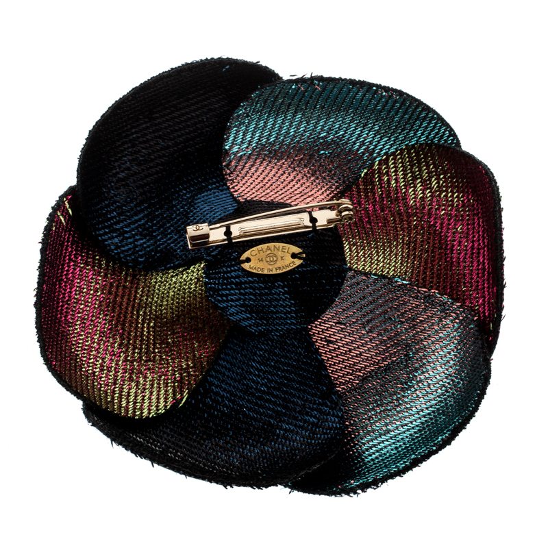 

Chanel Camellia Metallic Fabric Blend Pin Brooch, Multicolor