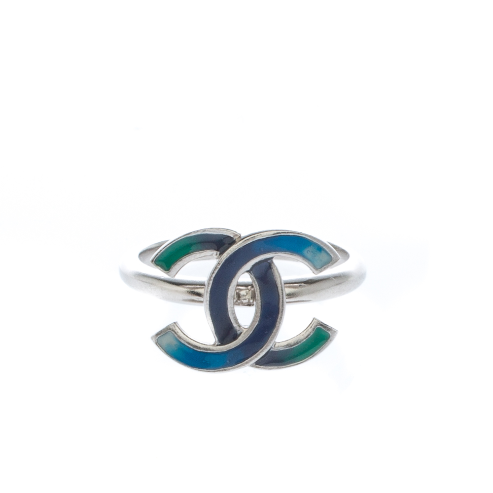 

Chanel CC Blue Enamel Silver Tone Ring Size