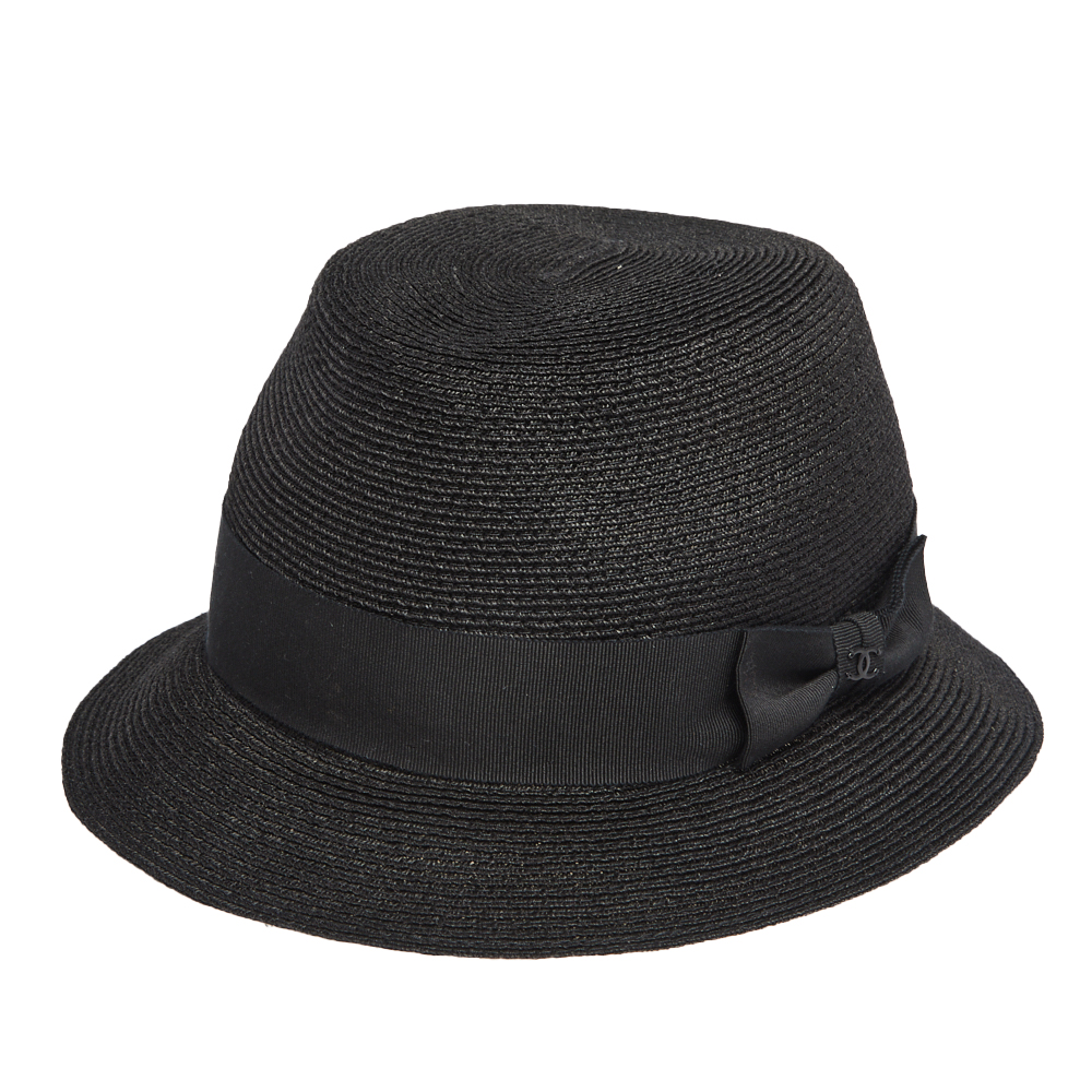 

Chanel Black Logo Bow Detail Abaca Fedora Hat