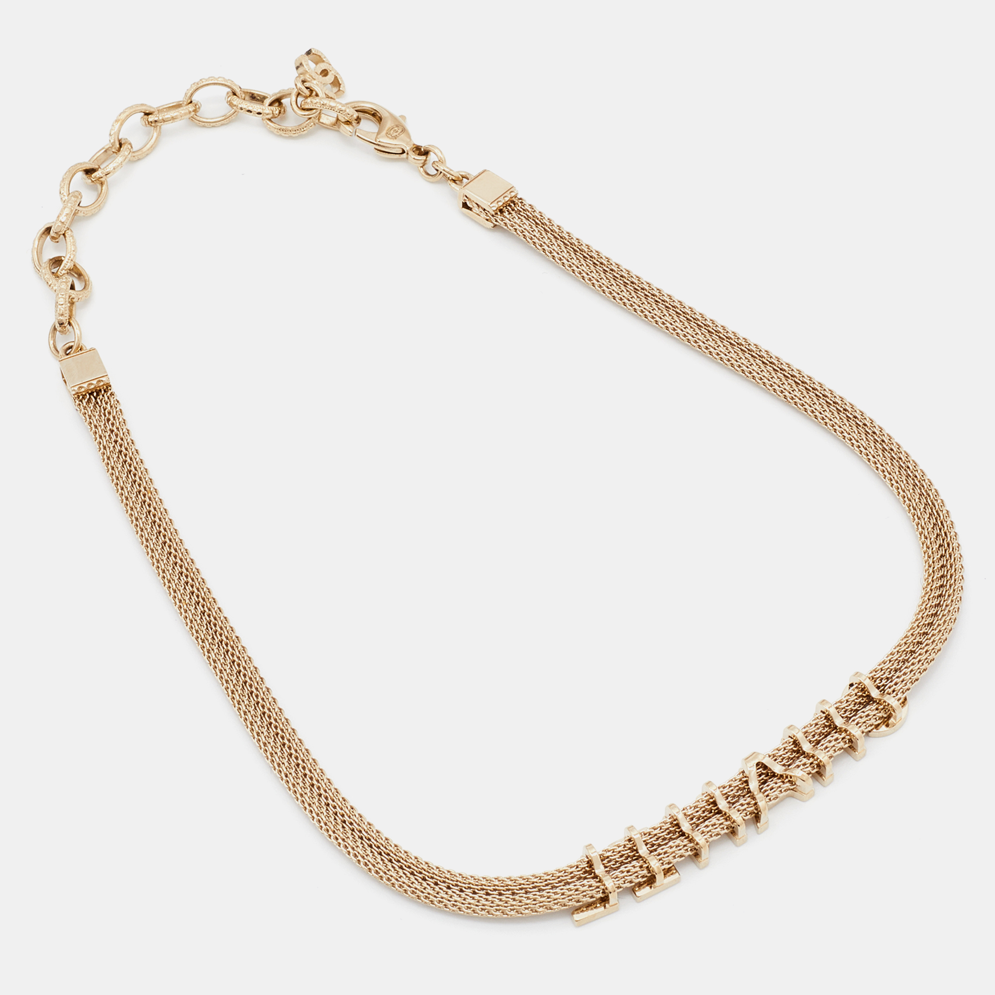 

Chanel Gold Tone Logo Mesh Choker Necklace