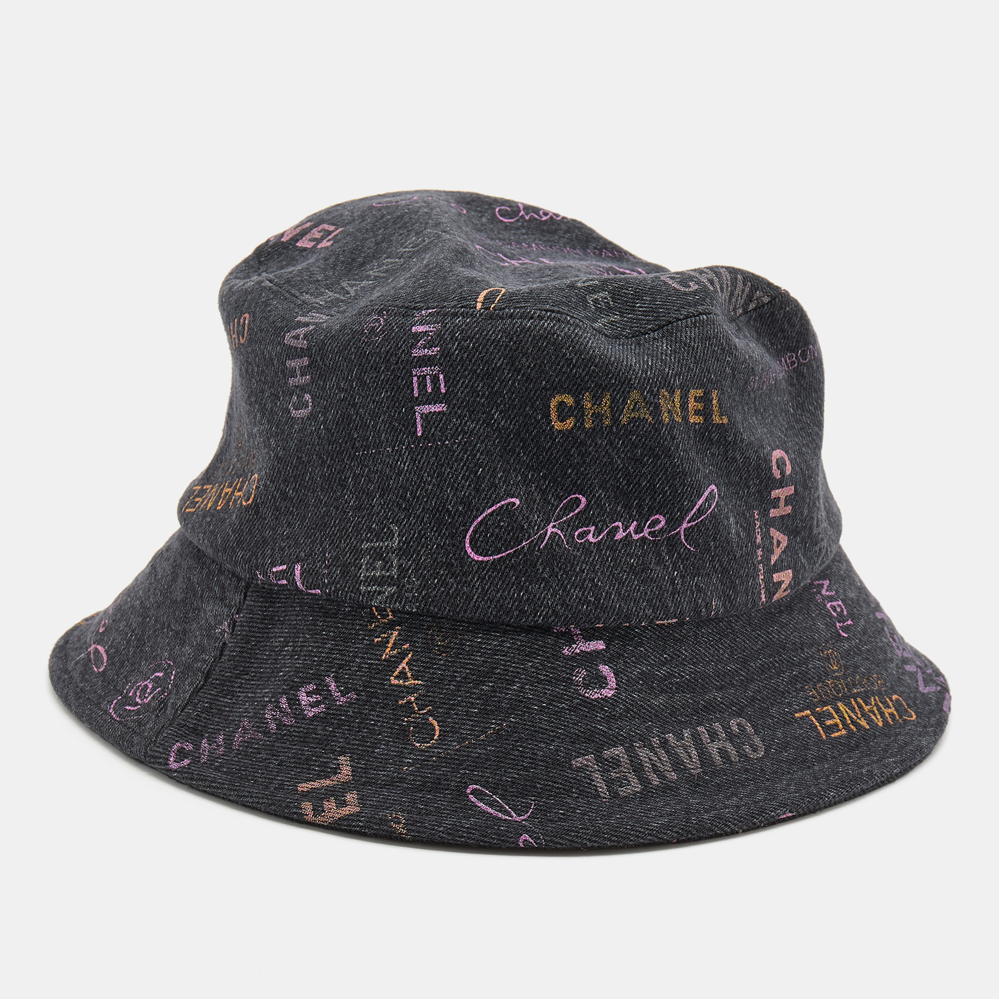 

Chanel Black Denim Logo Print Cloche Bucket Hat