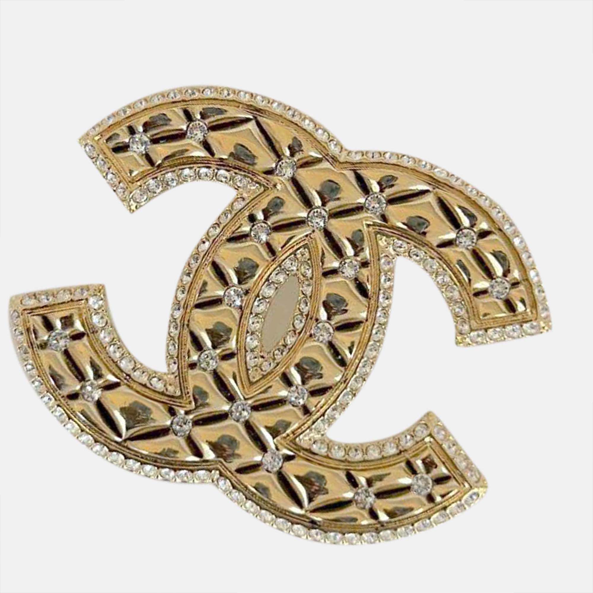 

Chanel gold quilted crystal embellished oversized brooch