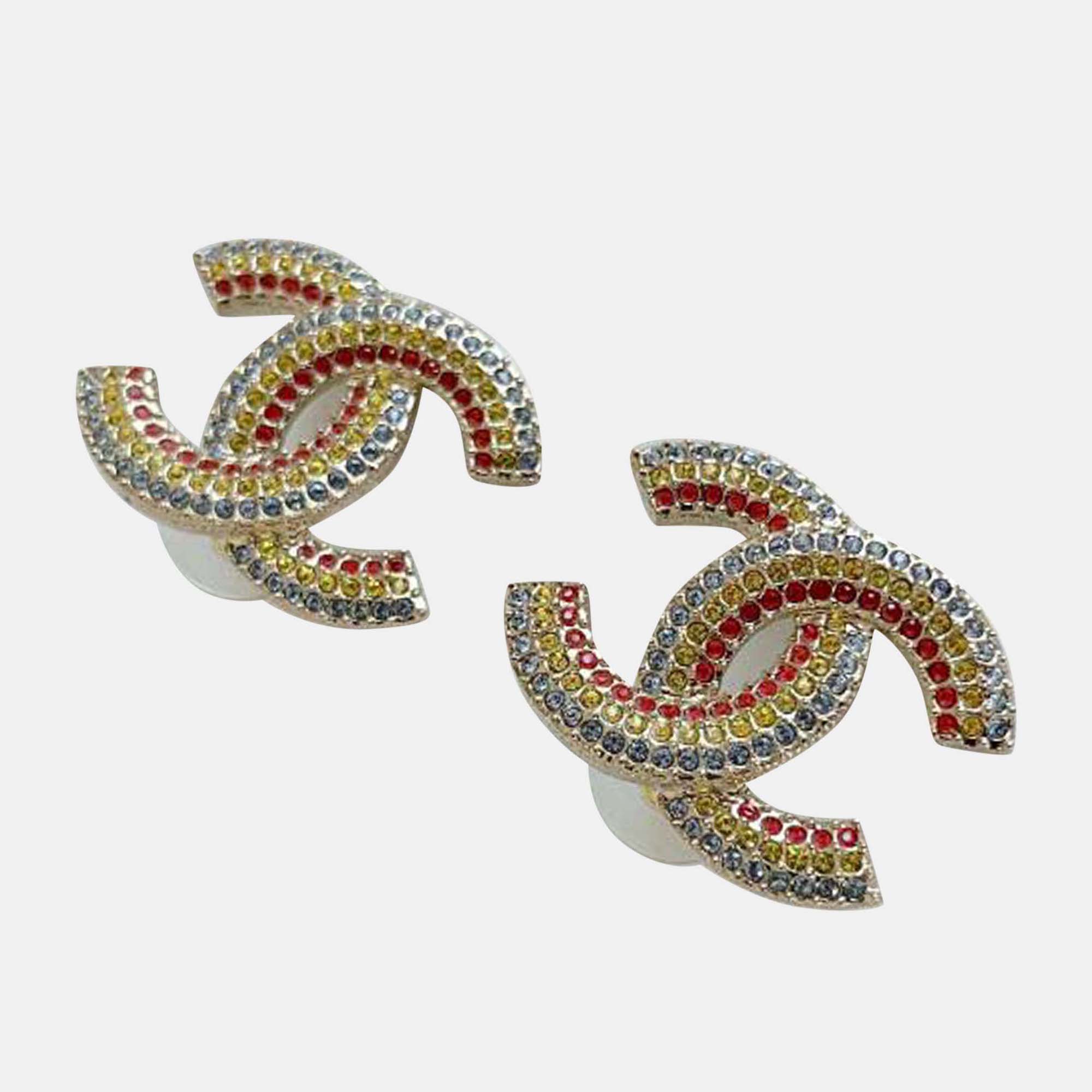 

Chanel large cc stud earrings with red, yellow , blue crystals