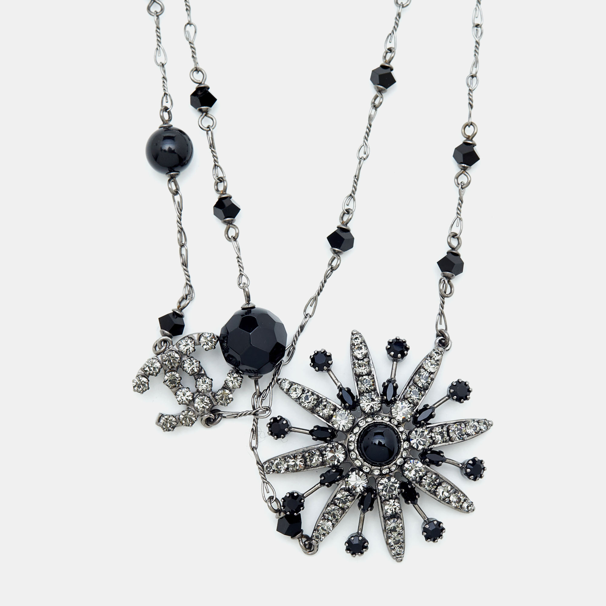 

Chanel Crystal Flower & CC Gunmetal Tone Chain Necklace, Black