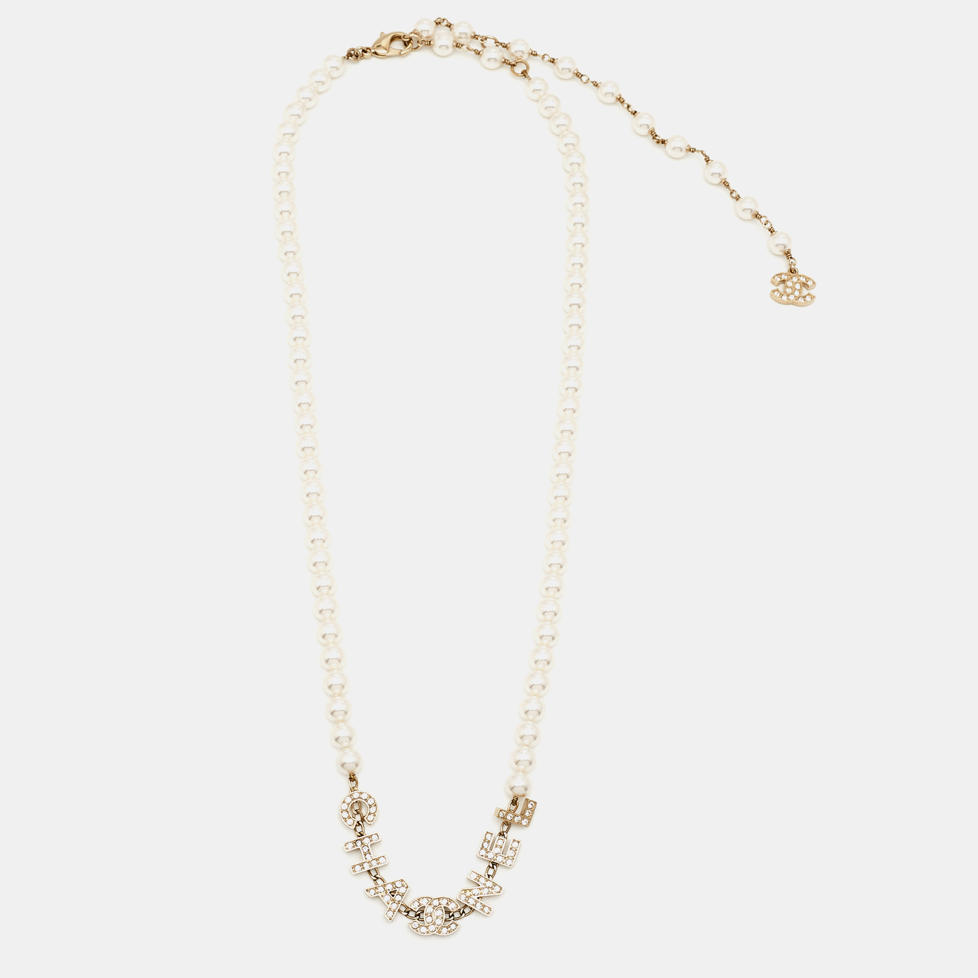 

Chanel CC Faux Pearl Crystal Gold Tone Necklace
