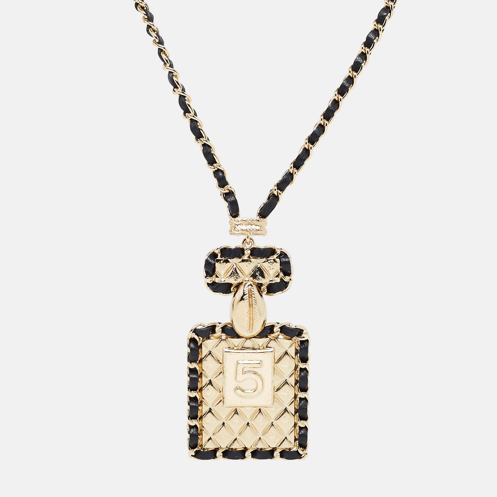 Pre-owned Chanel Gold Tone Leather Interlaced No.5 Perfume Bottle Pendant Necklace In Black
