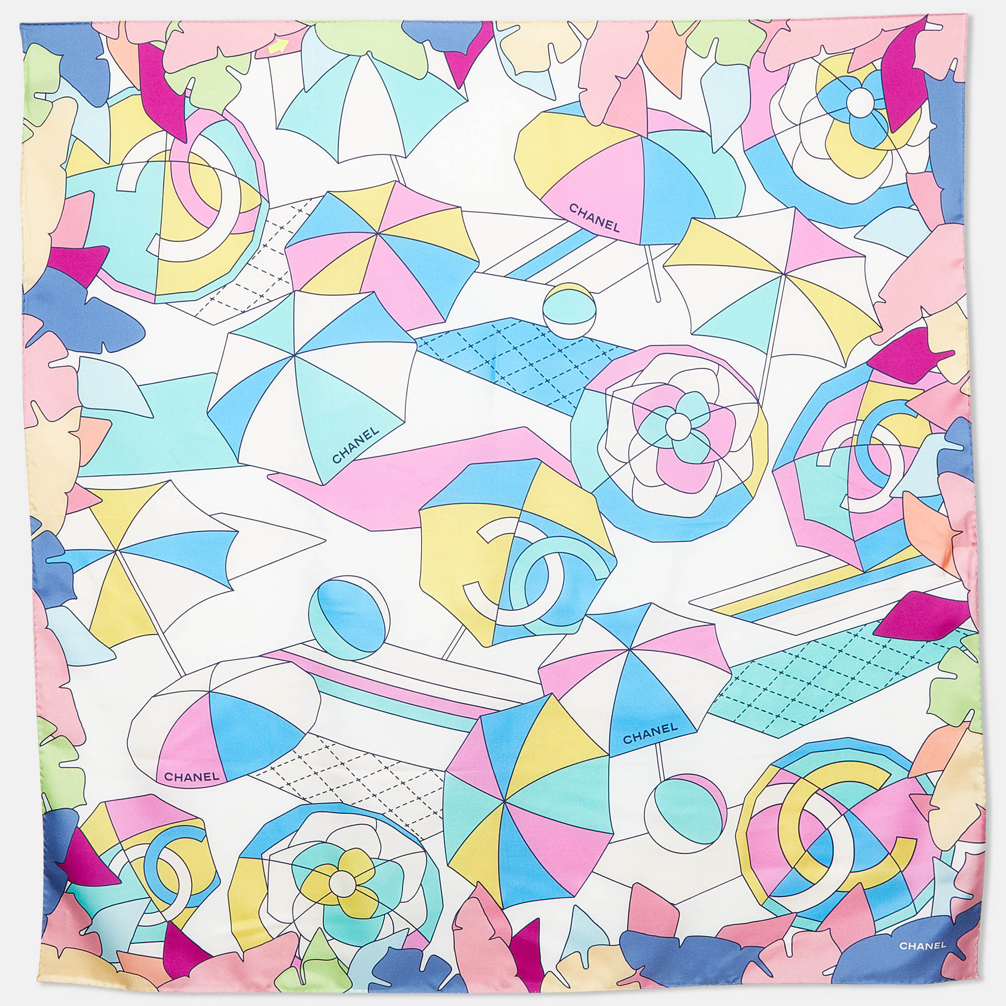 

Chanel Multicolor Camelia CC Logo Print Silk Square Scarf