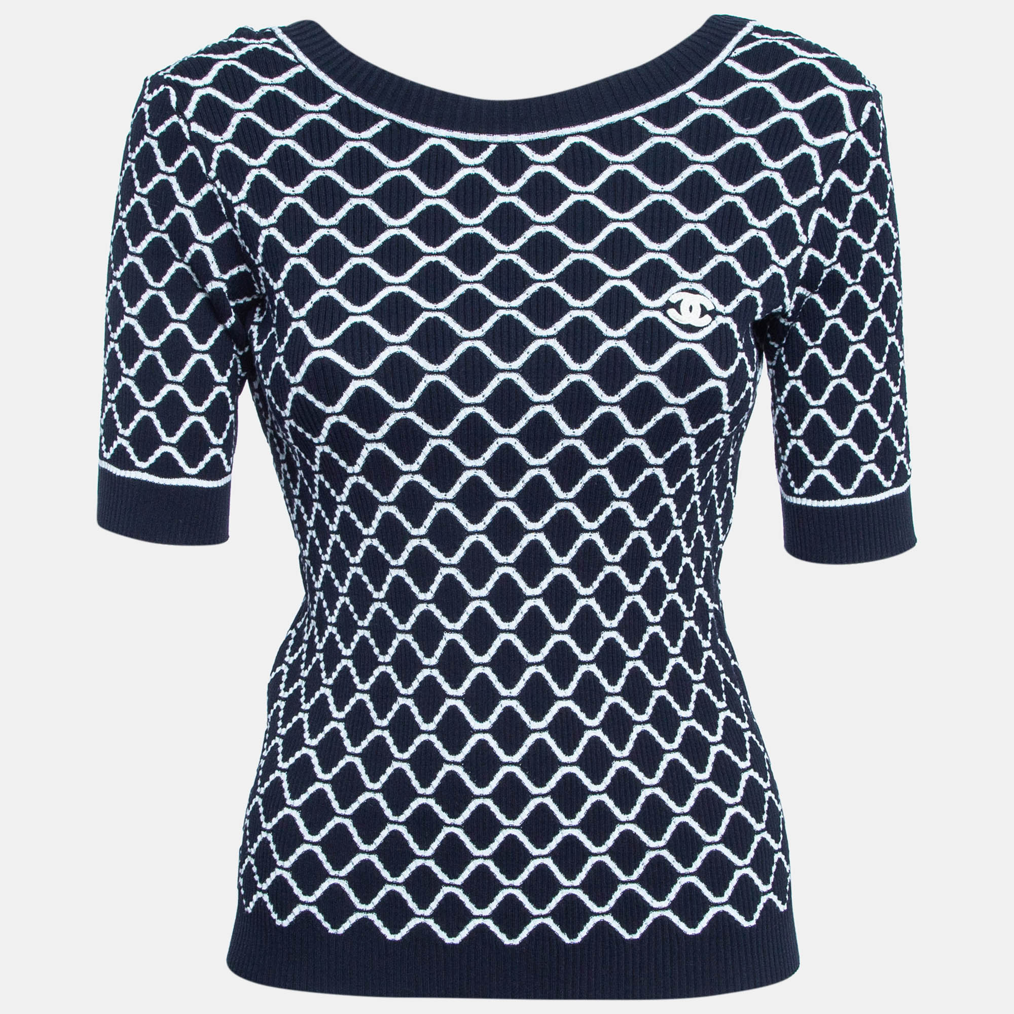 

Chanel Navy Blue Patterned Rib Knit Top M